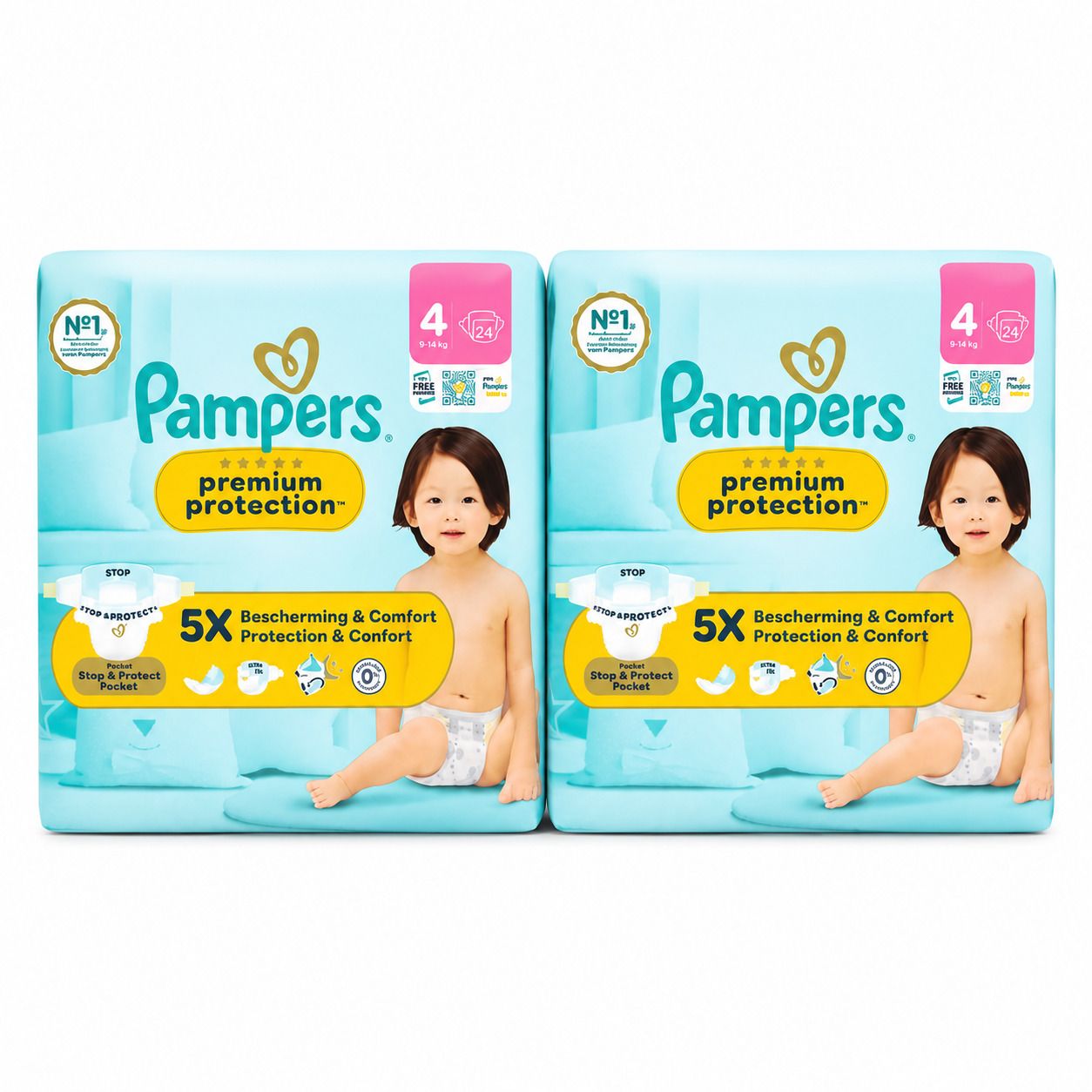 Deux paquets de couches Pampers Premium Protection Taille 4. Mention "5x Protection & Confort".