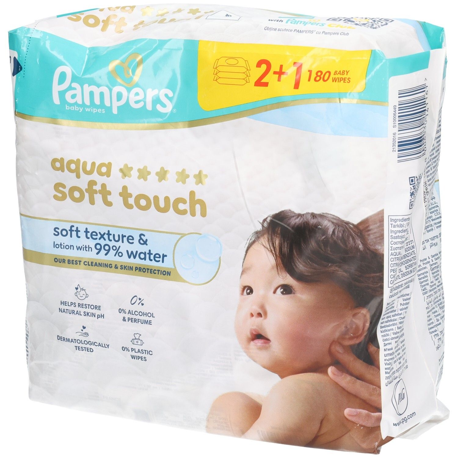 Lingettes Pampers Aqua Soft Touch pour bébés. Paquet 2+1. Texture douce et lotion avec 99% d'eau. Testé dermatologiquement.