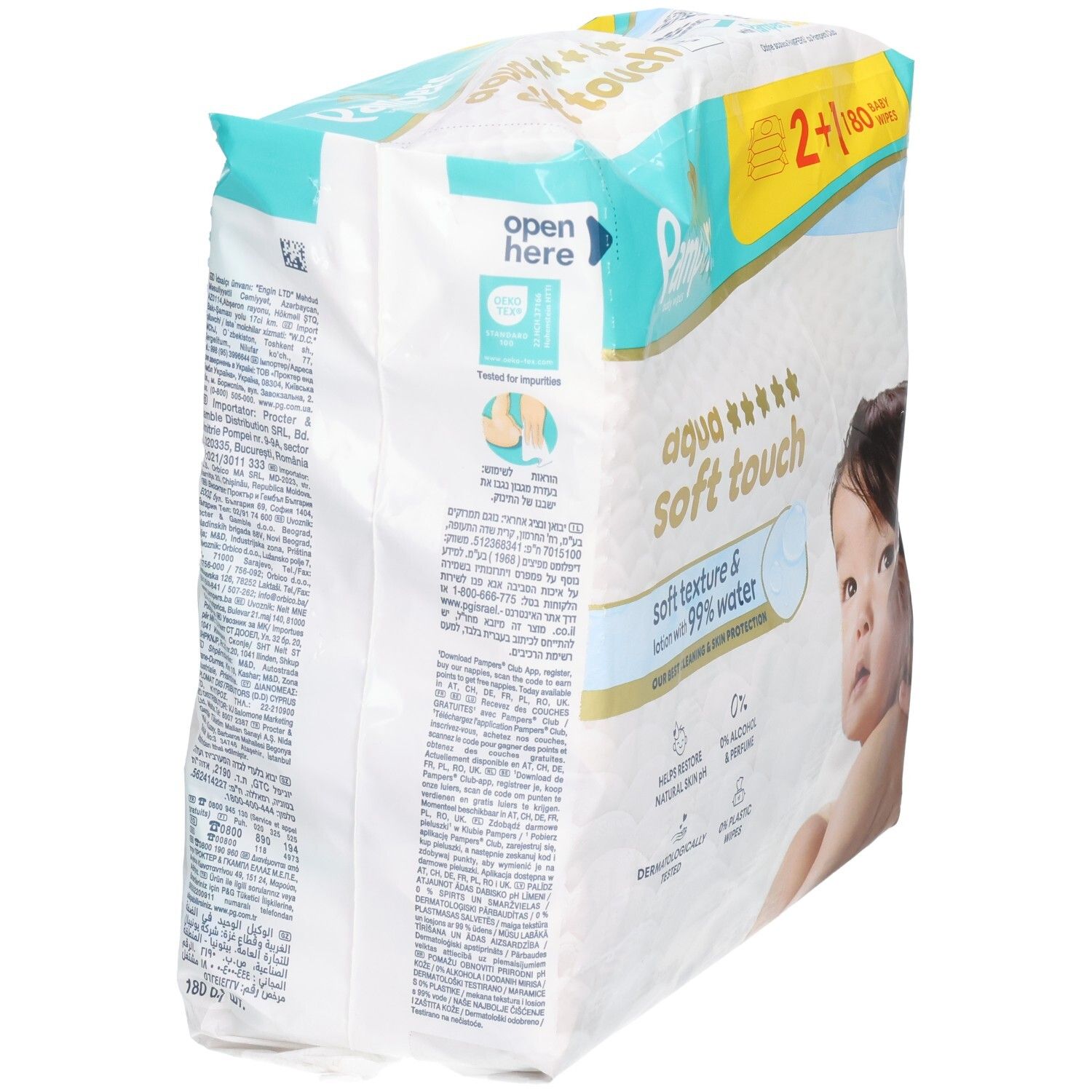 Lingettes Pampers Aqua Soft Touch pour bébés. Paquet 2+1. Vue arrière de l'emballage avec texte et logos. Testé dermatologiquement.