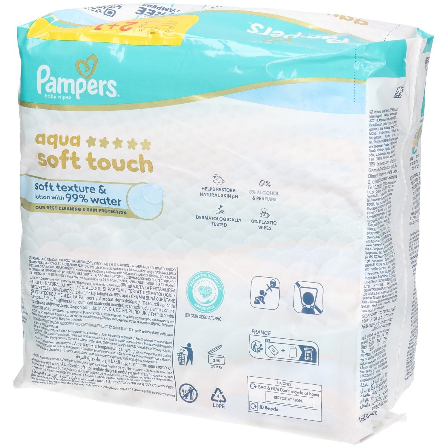 Lingettes Pampers Aqua Soft Touch pour bébés. Paquet 2+1. Vue arrière de l'emballage avec texte et logos. Testé dermatologiquement.