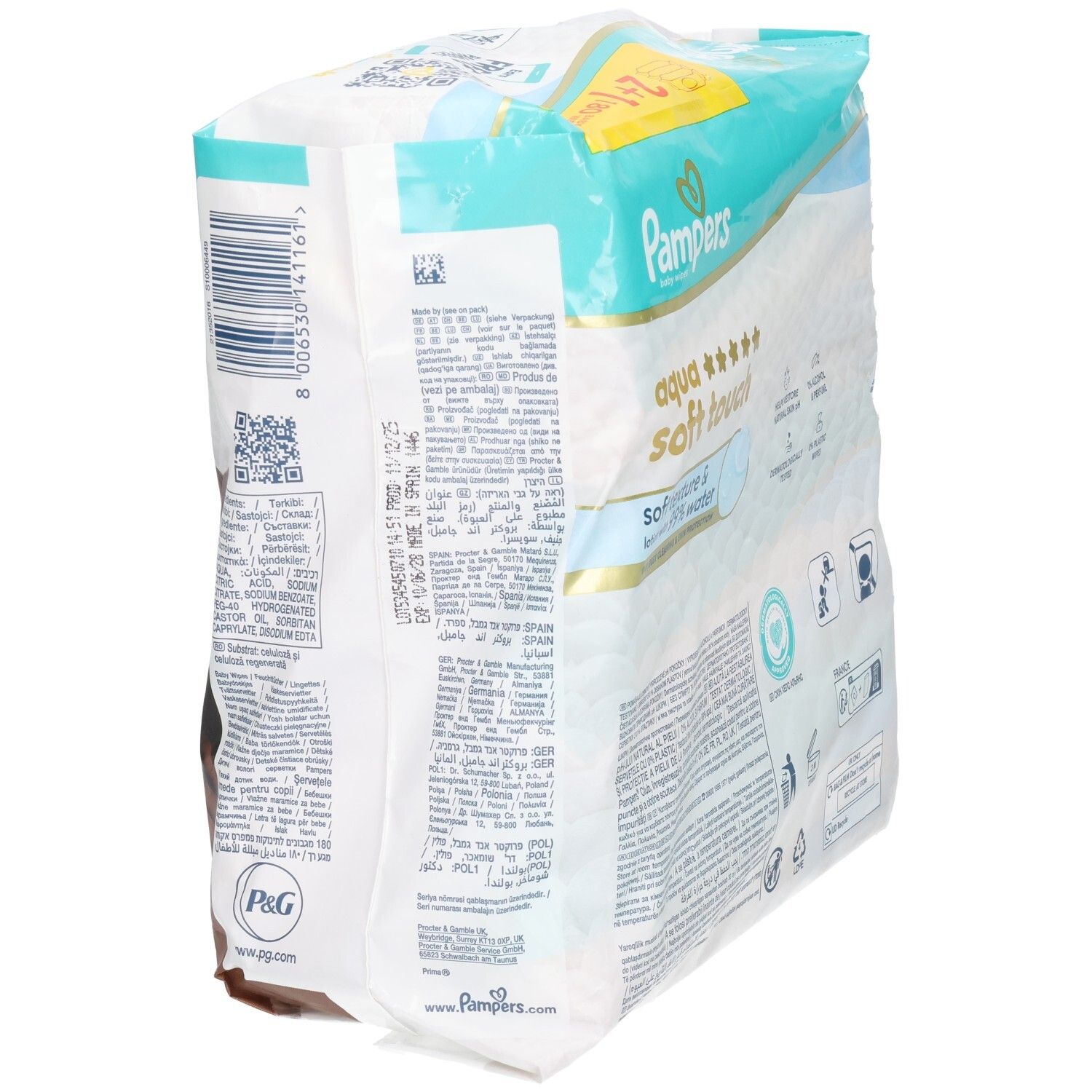 Lingettes Pampers Aqua Soft Touch pour bébés. Paquet 2+1. Vue arrière de l'emballage avec texte et logos. Testé dermatologiquement.