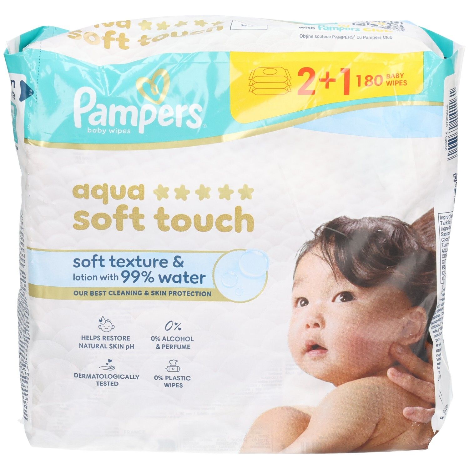 Lingettes Pampers Aqua Soft Touch pour bébés. Paquet 2+1. Texture douce et lotion avec 99% d'eau. Testé dermatologiquement.