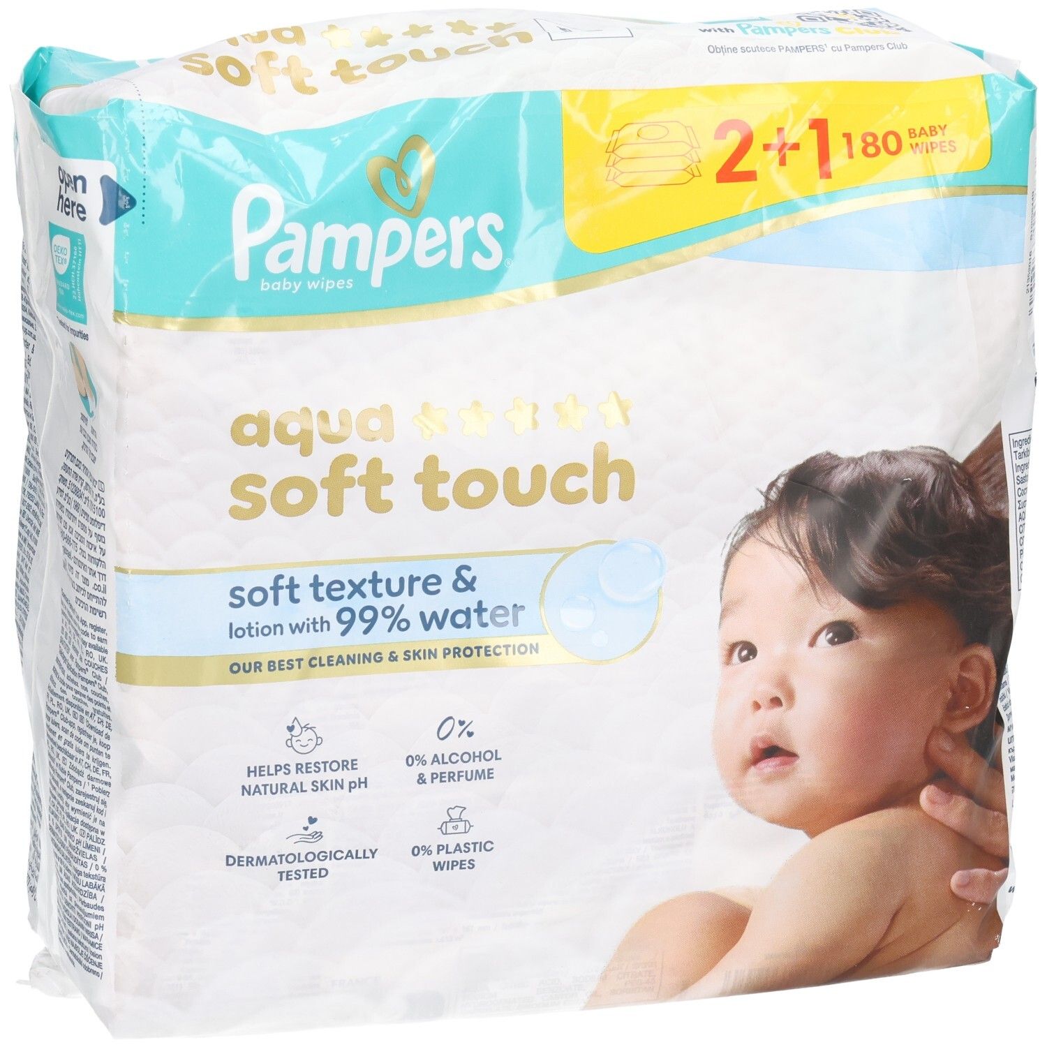 Lingettes Pampers Aqua Soft Touch pour bébés. Paquet 2+1. Texture douce et lotion avec 99% d'eau. Testé dermatologiquement.