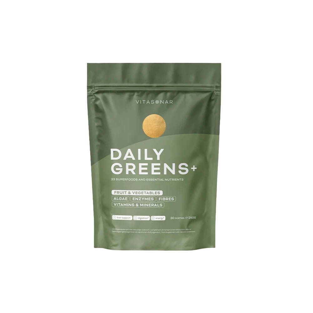 Sachet vert "VITASONAR DAILY GREENS+". Contient 23 superaliments et nutriments essentiels. Inscription : fruits et légumes, enzymes, vitamines et minéraux.