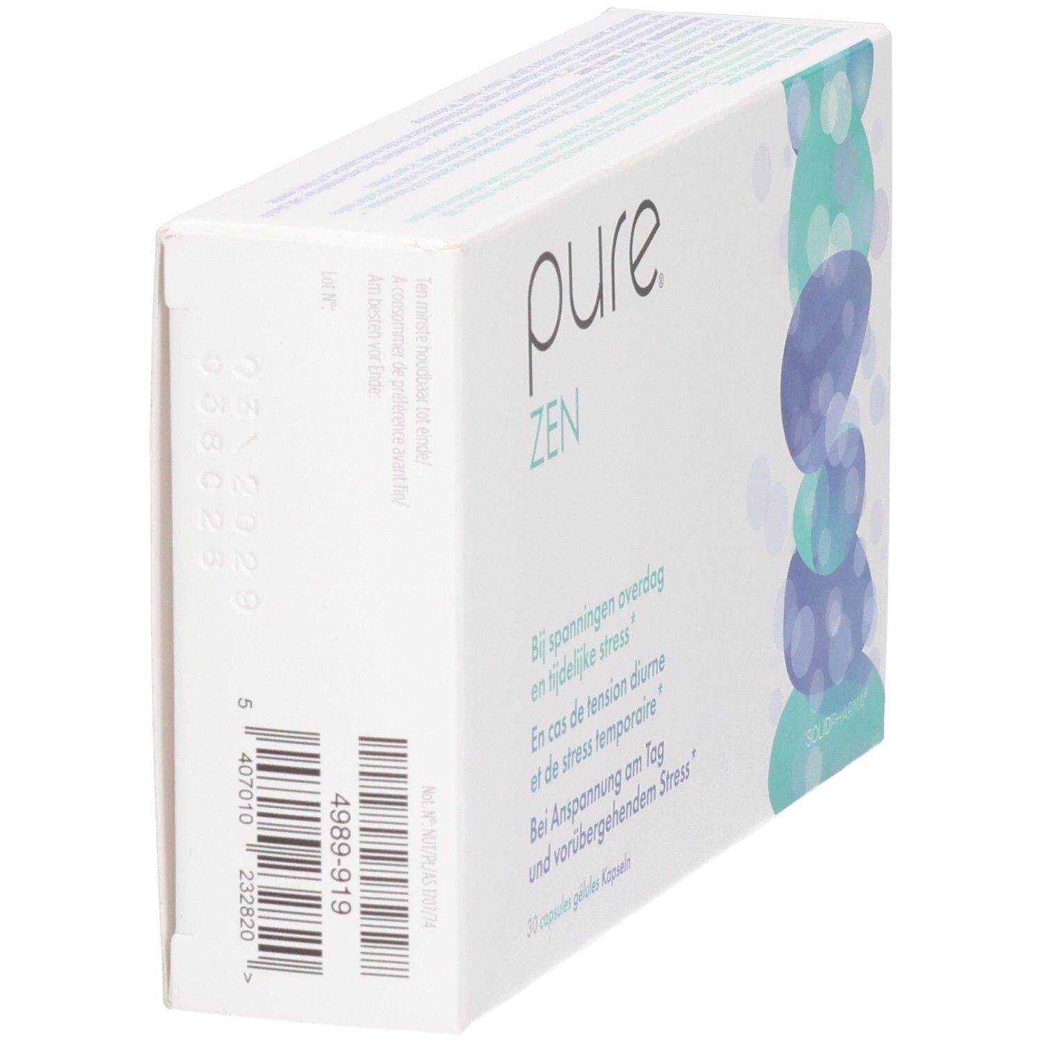 Boîte blanche, logo "pure ZEN". Code-barres et texte. Illustration de pierres. Vue latérale.