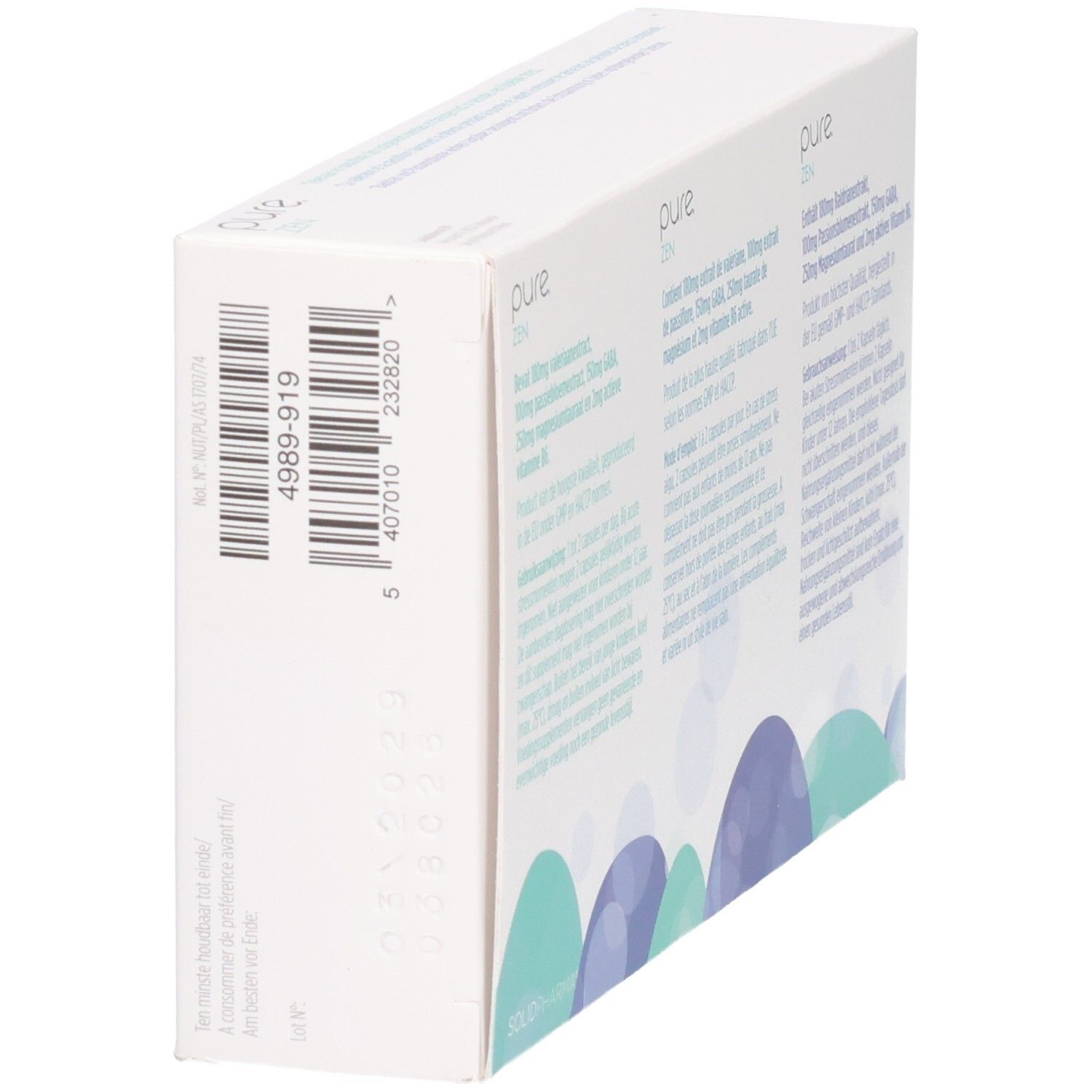 Boîte blanche, logo "pure ZEN". Code-barres et texte. Vue latérale. Texte en allemand, néerlandais et français.