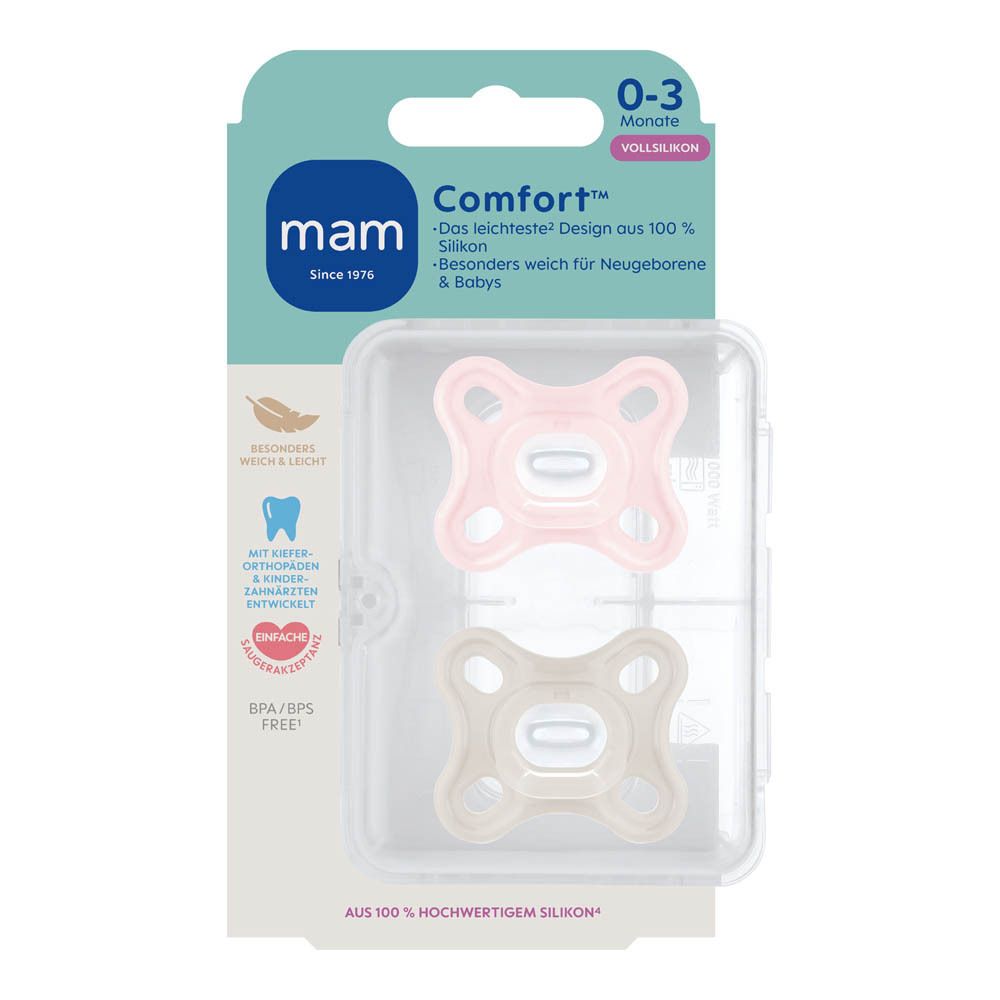 Emballage de sucettes MAM Comfort en silicone (0-3 mois), rose et beige, avec informations produit.