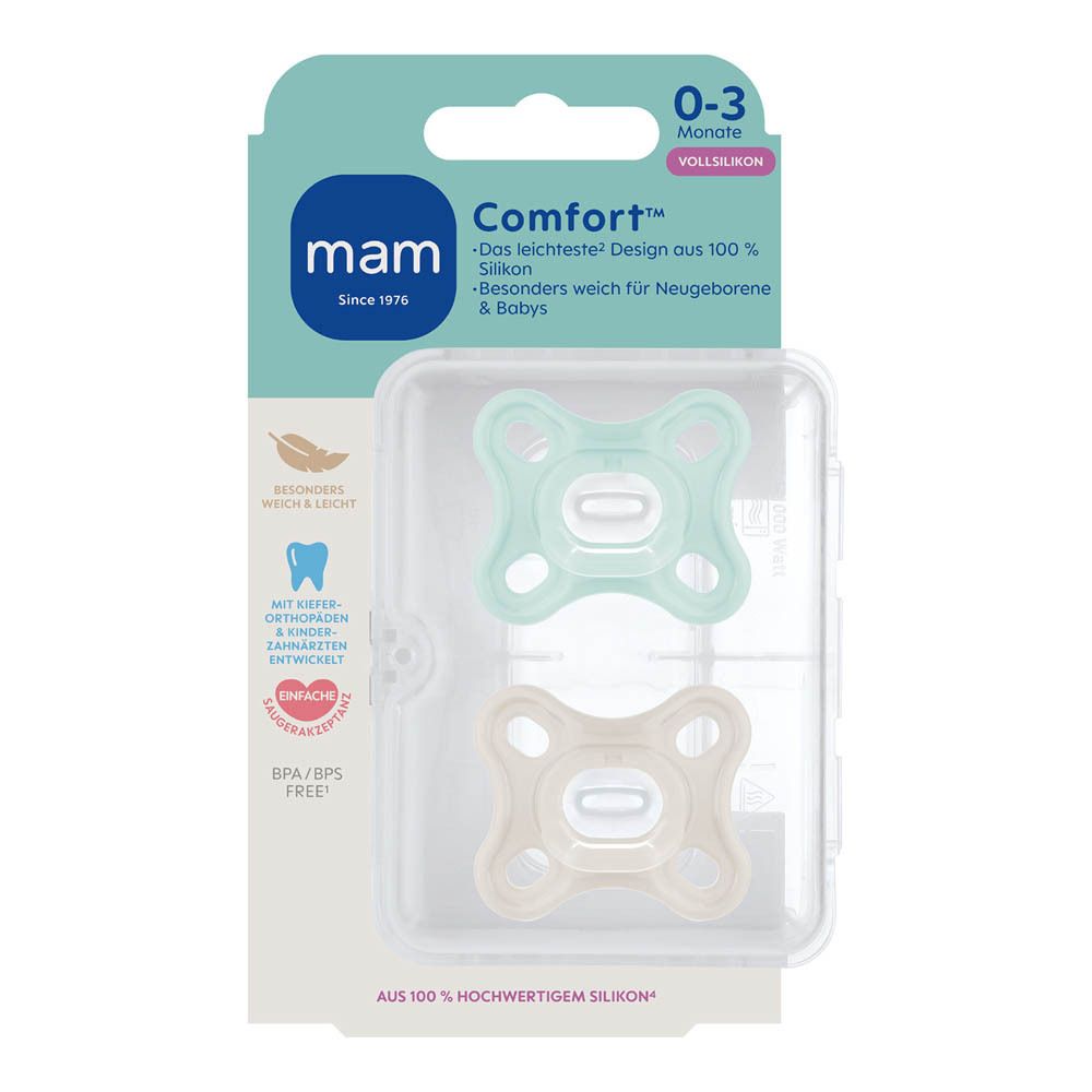 Emballage sucettes MAM Comfort silicone (0-3 mois), vert menthe et beige, vue de côté.