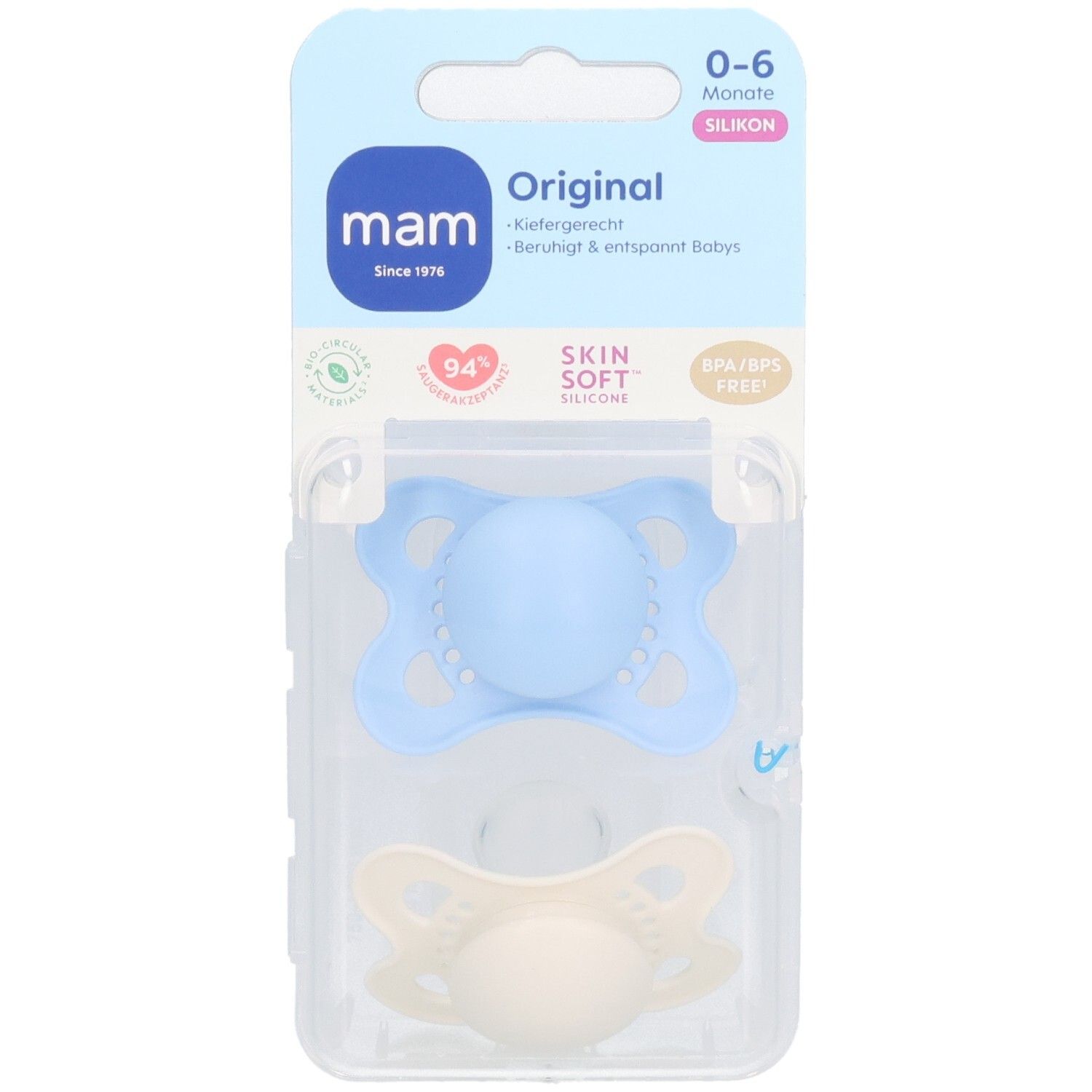 Deux sucettes MAM Original en silicone, emballées. Bleues et crème. 0-6 mois. Sans BPA/BPS.