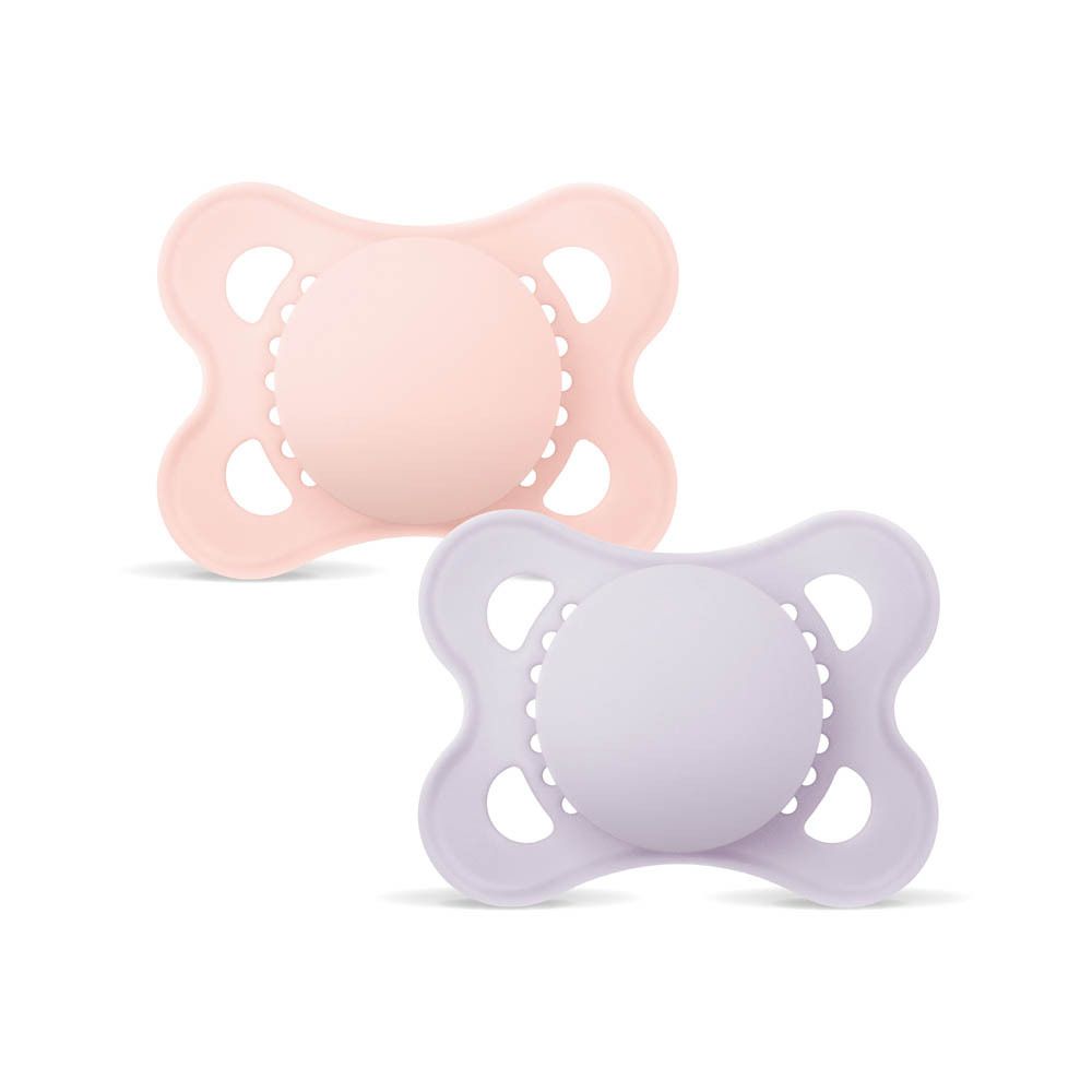 Deux sucettes MAM Original en silicone, rose et lilas, 0-6 mois.