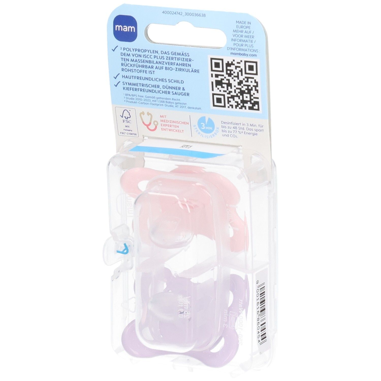 Dos de l'emballage avec deux sucettes MAM Original en silicone rose et violet. 0-6 mois.