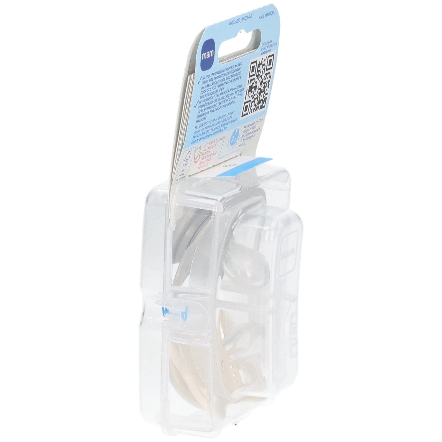 Vue latérale de l'emballage avec deux sucettes. Informations multilingues et logo MAM. 0-6 mois.