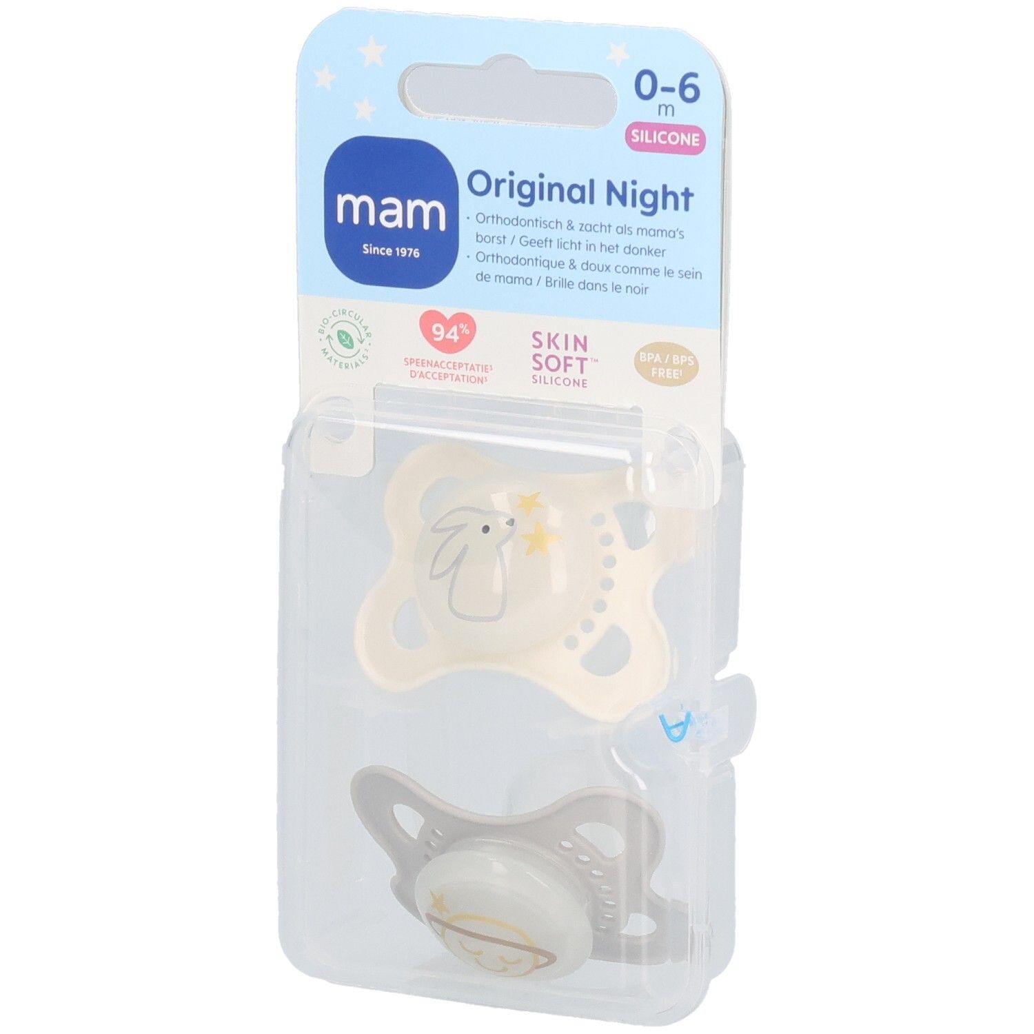 Deux sucettes dans un emballage transparent. L'emballage indique "Original Night" et "0-6 m".