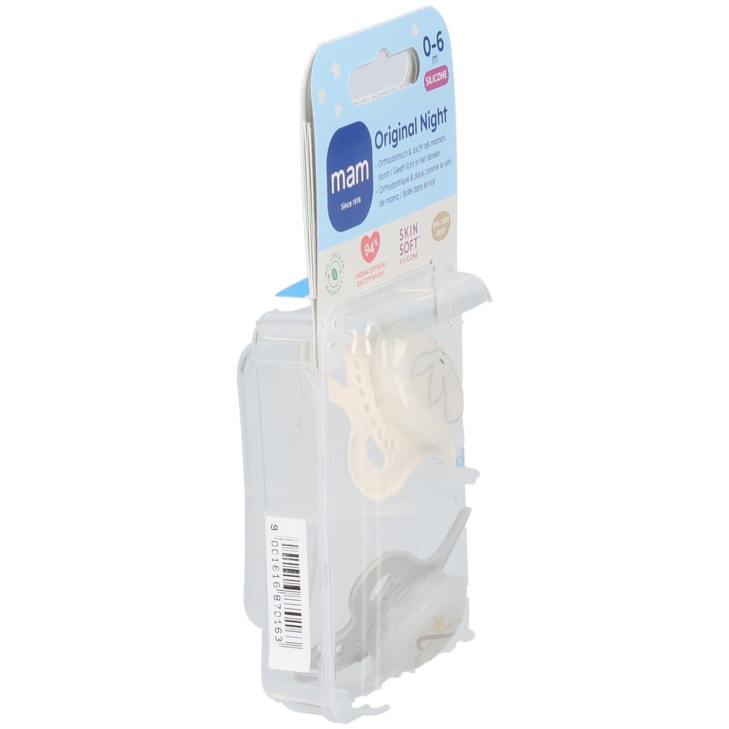 Vue latérale de l'emballage avec deux sucettes. L'emballage indique "Original Night" et "0-6 m".