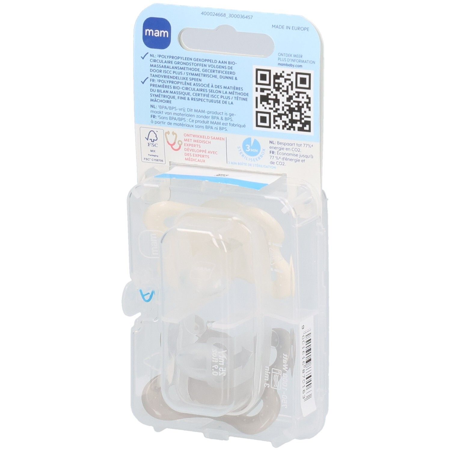 Dos de l'emballage avec deux sucettes. Informations imprimées et un code QR sont visibles.