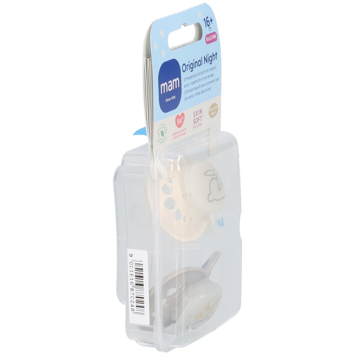 Emballage avec deux sucettes. Vue latérale. Texte: MAM Original Night, 16+ m, silicone. Code-barres visible.