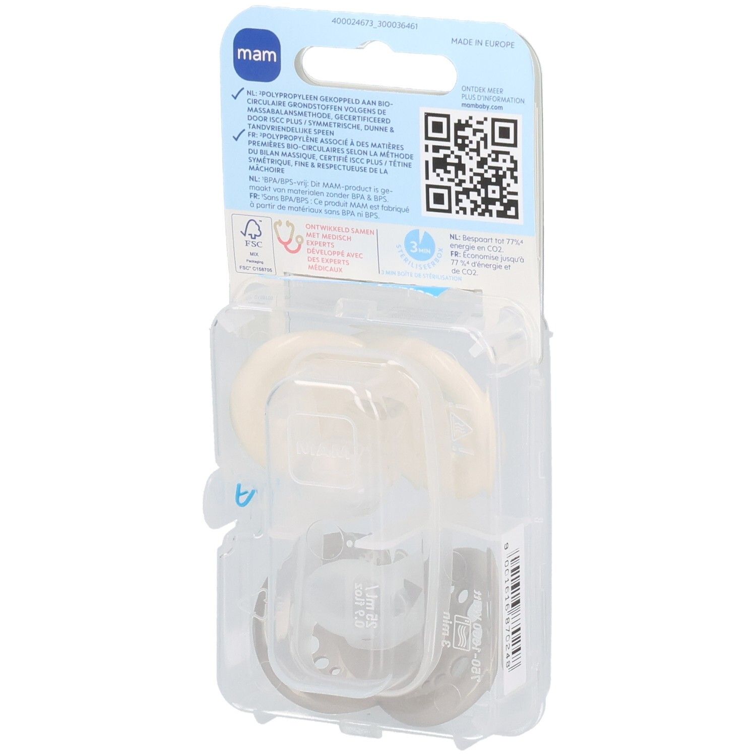 Dos de l'emballage avec deux sucettes. Texte et code QR. Logo MAM. Fabriqué en Europe.