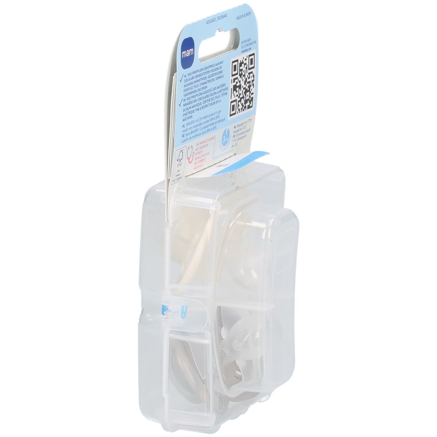 Emballage avec deux sucettes. Intérieur vide. Texte: MAM. Symbole de recyclage.