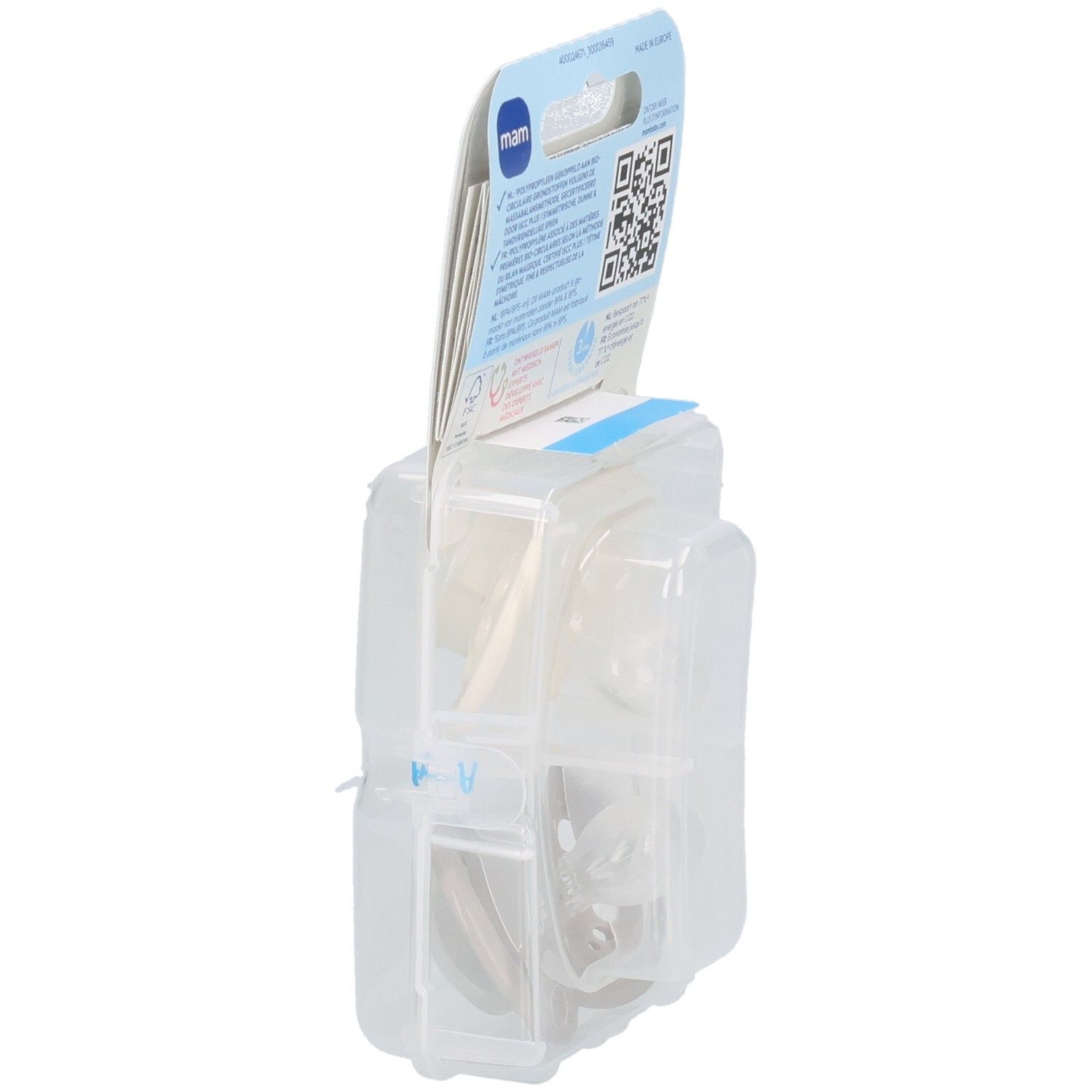 Vue latérale de l'emballage avec deux sucettes. Informations visibles. Emballage transparent.