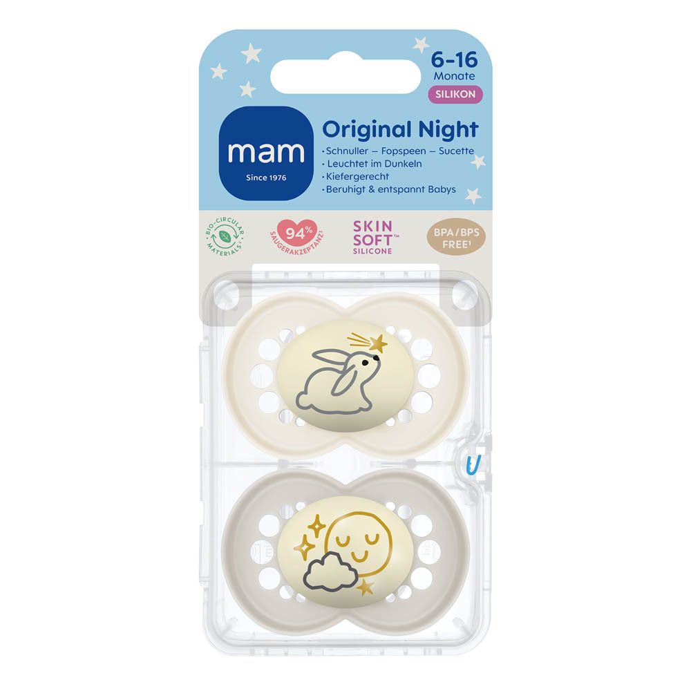 Deux sucettes MAM Original Night en silicone pour 6-16 mois, avec motifs lapin et étoiles.