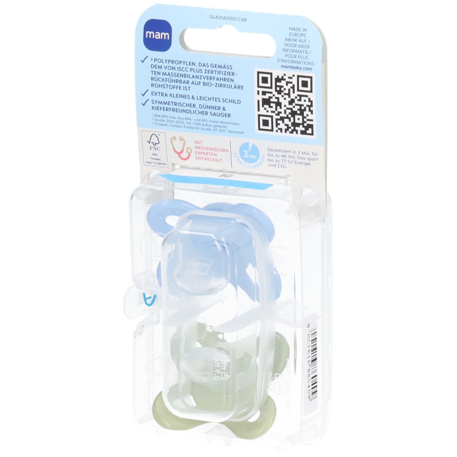 Dos de l'emballage blister avec deux sucettes. Informations sur le produit et logos.