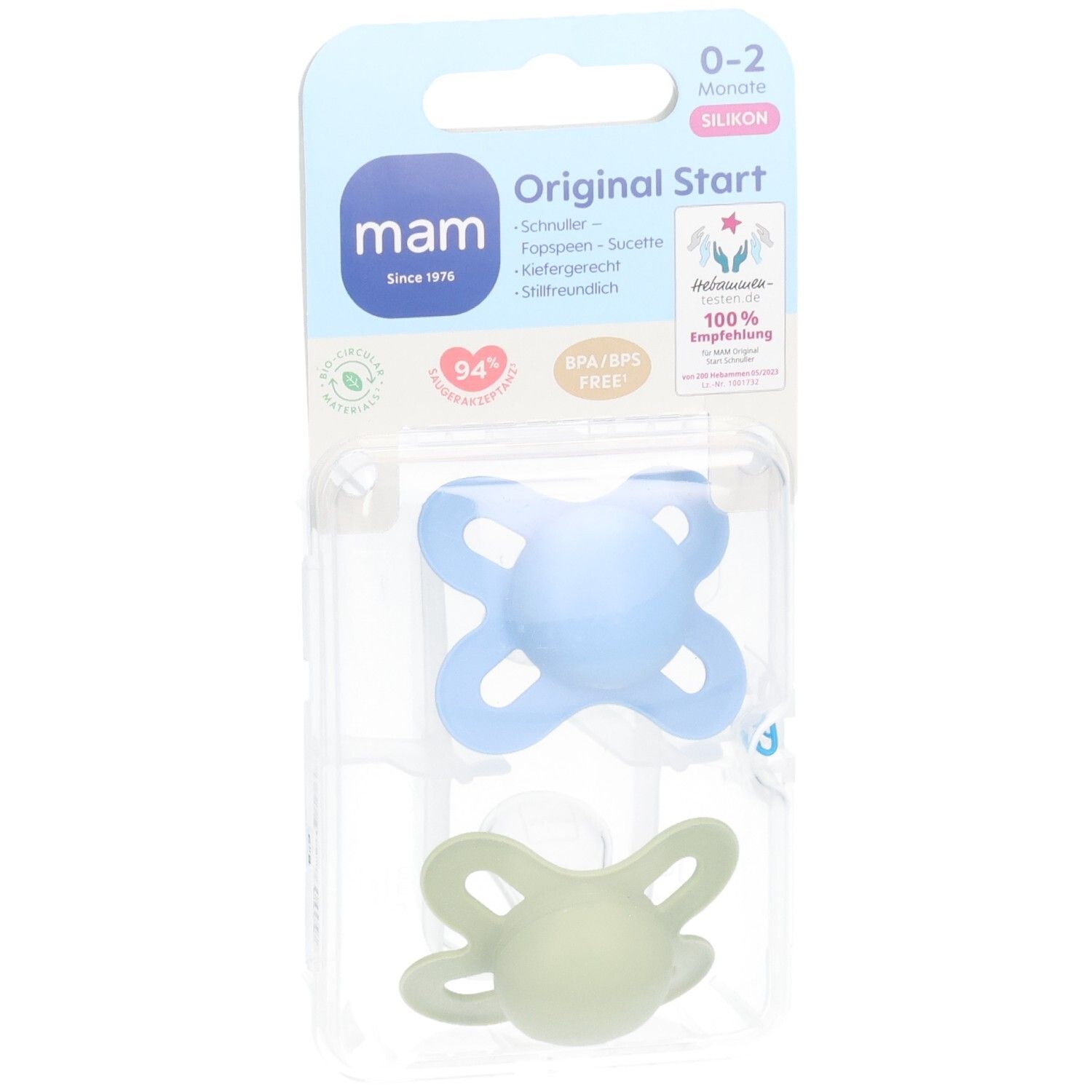 Deux sucettes dans un emballage blister. Sucette bleue et verte. Emballage avec nom et logo.