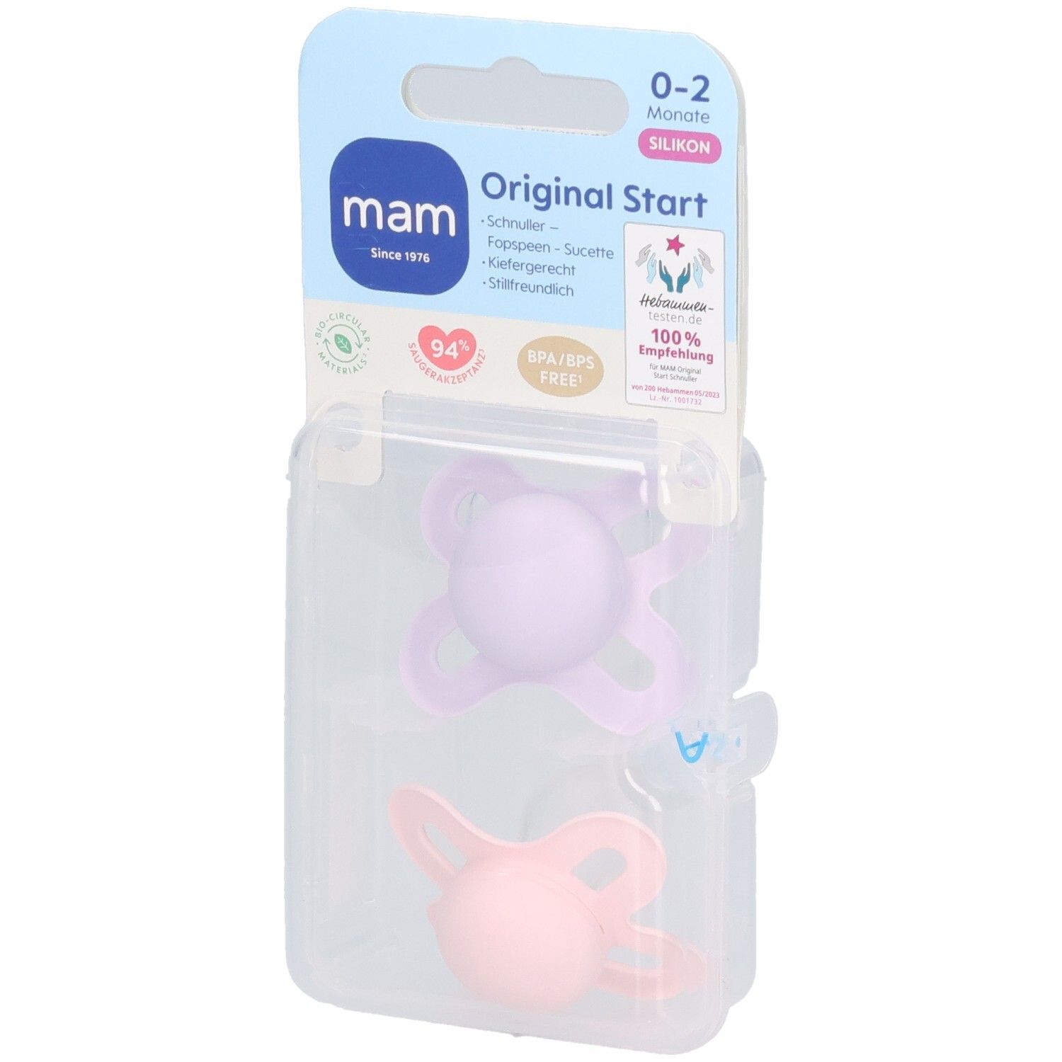Deux sucettes roses et violettes dans un emballage transparent. Marque MAM, Original Start, 0-2 mois.