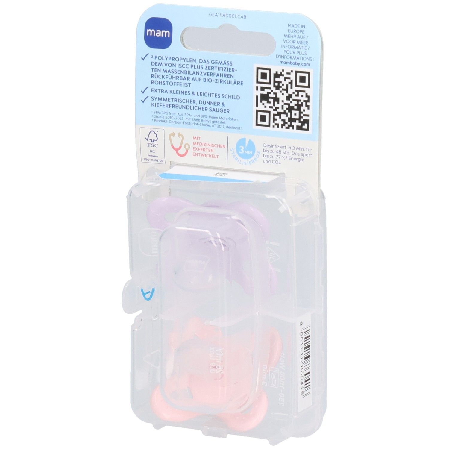 Dos de l'emballage avec deux sucettes. Marque MAM, Original Start, 0-2 mois. Informations et code QR.