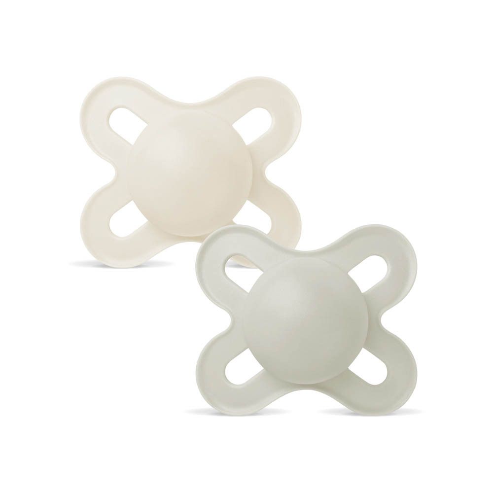 Deux sucettes MAM Original Start en silicone, neutres, 0-2 mois. Une sucette beige clair, une grise.