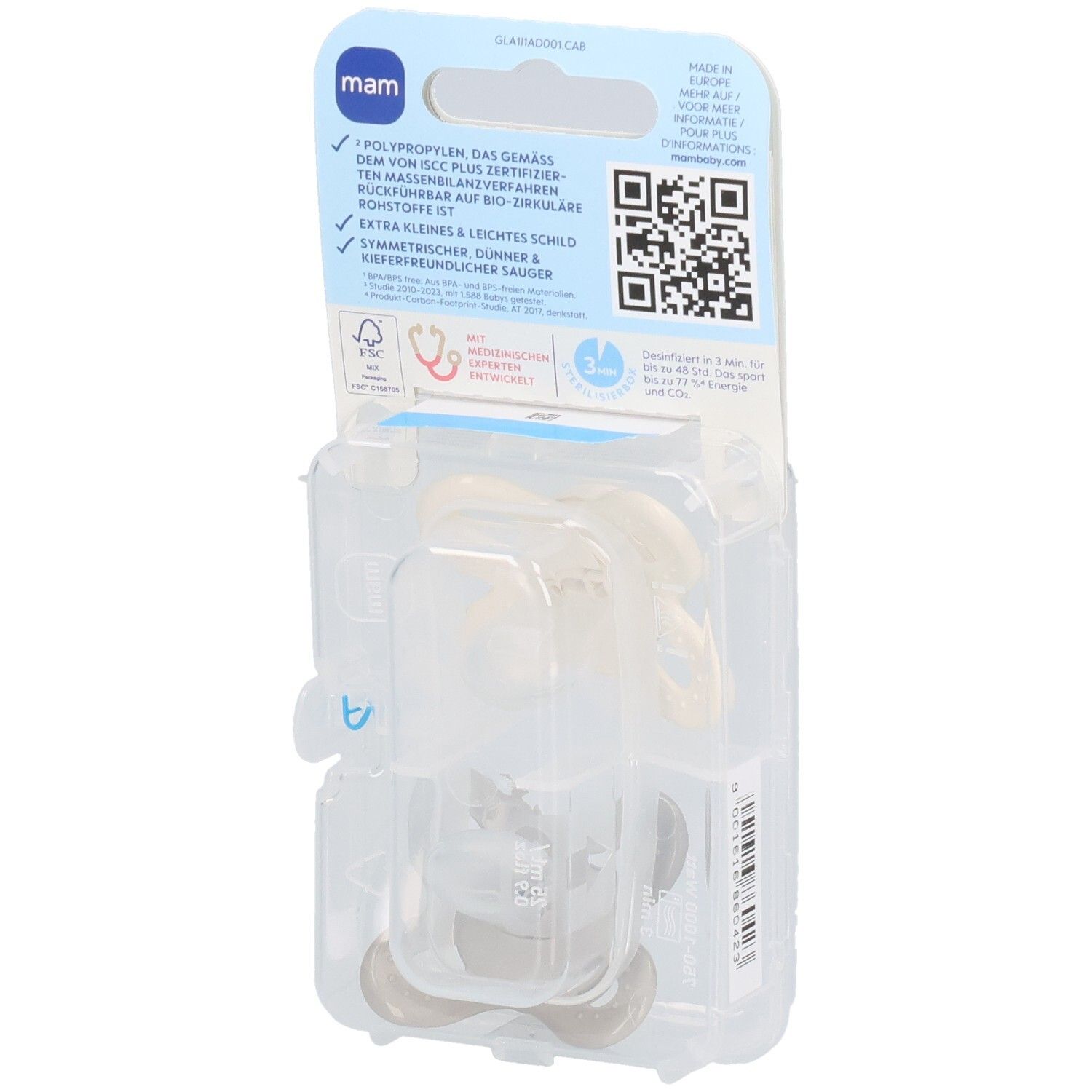 Dos de l'emballage avec deux sucettes MAM Original Start. Informations et code QR. Âge: 0-2 mois.