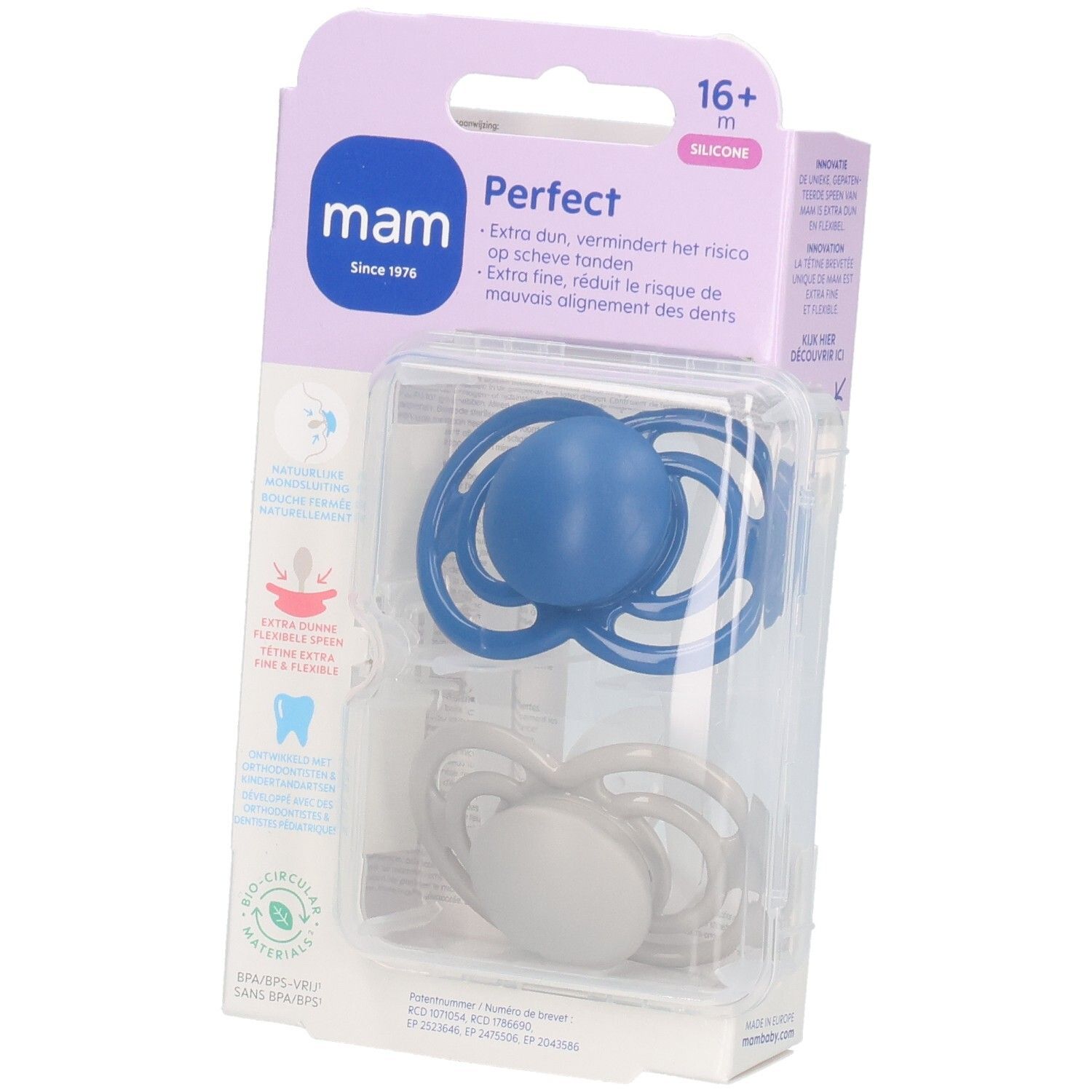 Emballage de deux sucettes MAM Perfect en silicone, bleues et grises. Caractéristiques du produit et logo de la marque visibles.