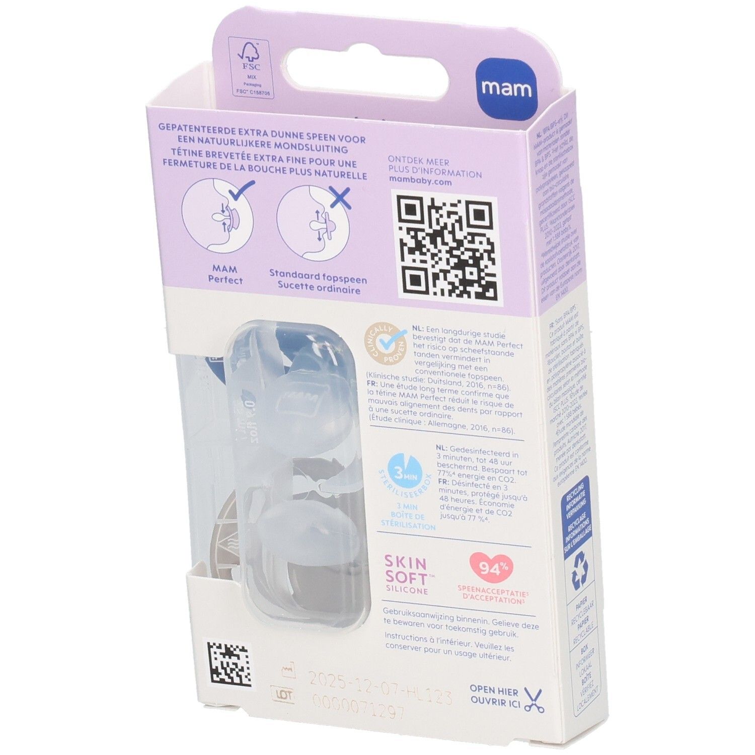 Dos de l'emballage avec deux sucettes MAM Perfect. Informations, code QR et certifications visibles.