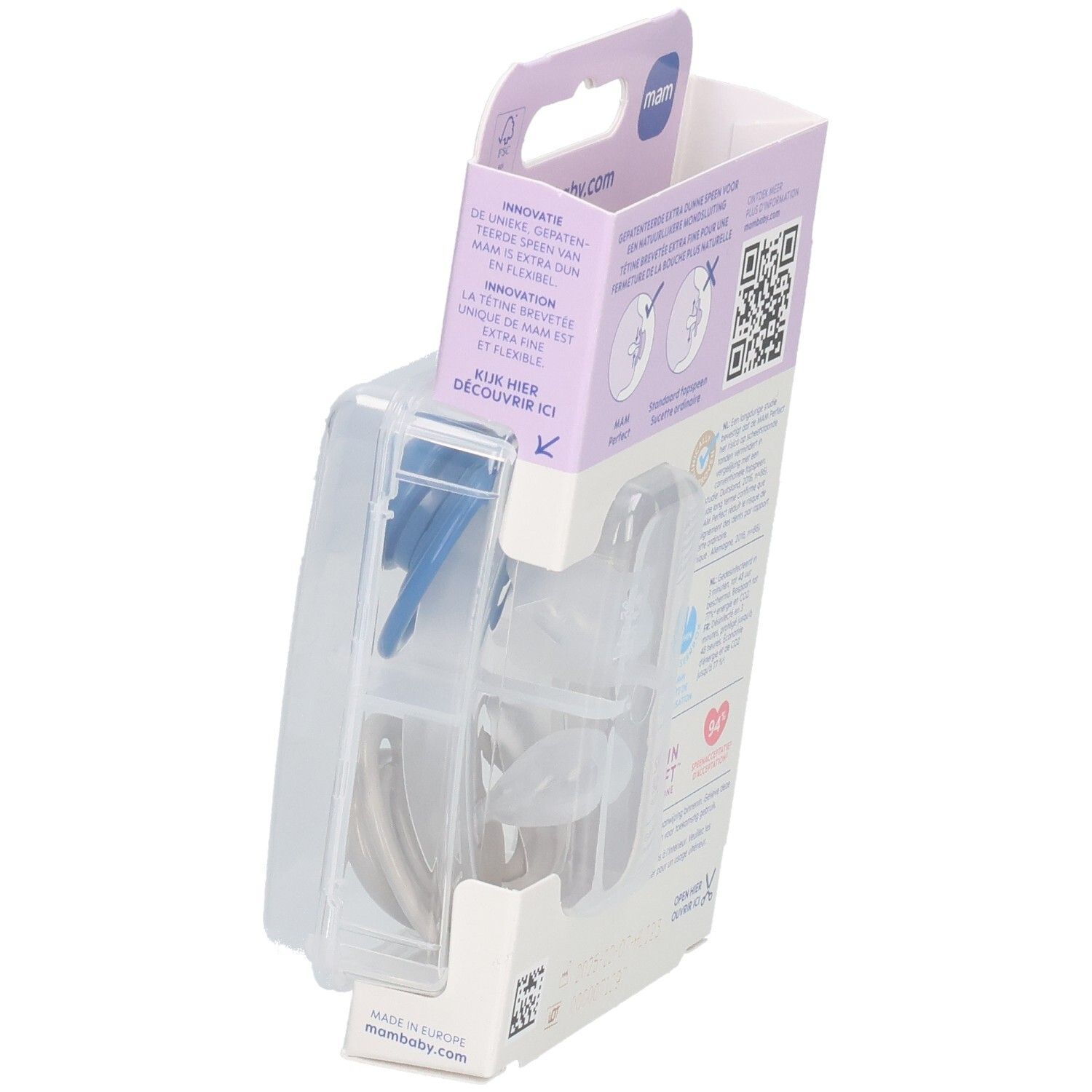 Emballage avec deux sucettes MAM Perfect, partiellement ouvert. Le contenu est visible, y compris les sucettes bleues et grises.