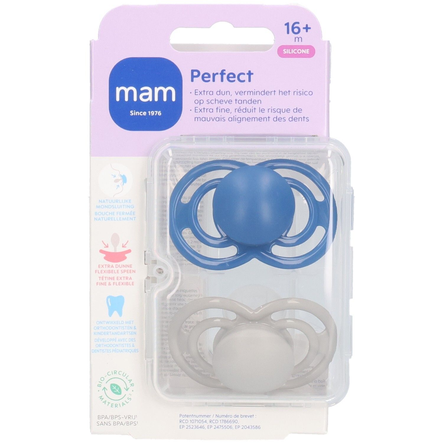 Emballage de deux sucettes MAM Perfect en silicone, bleues et grises. Caractéristiques du produit et logo de la marque clairement visibles.