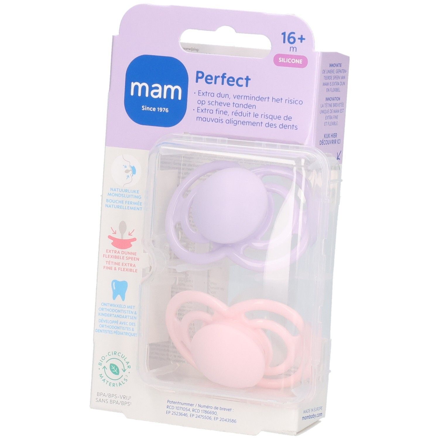 Emballage de deux sucettes MAM Perfect. Tétines en silicone lilas et rose, pour +16 mois.