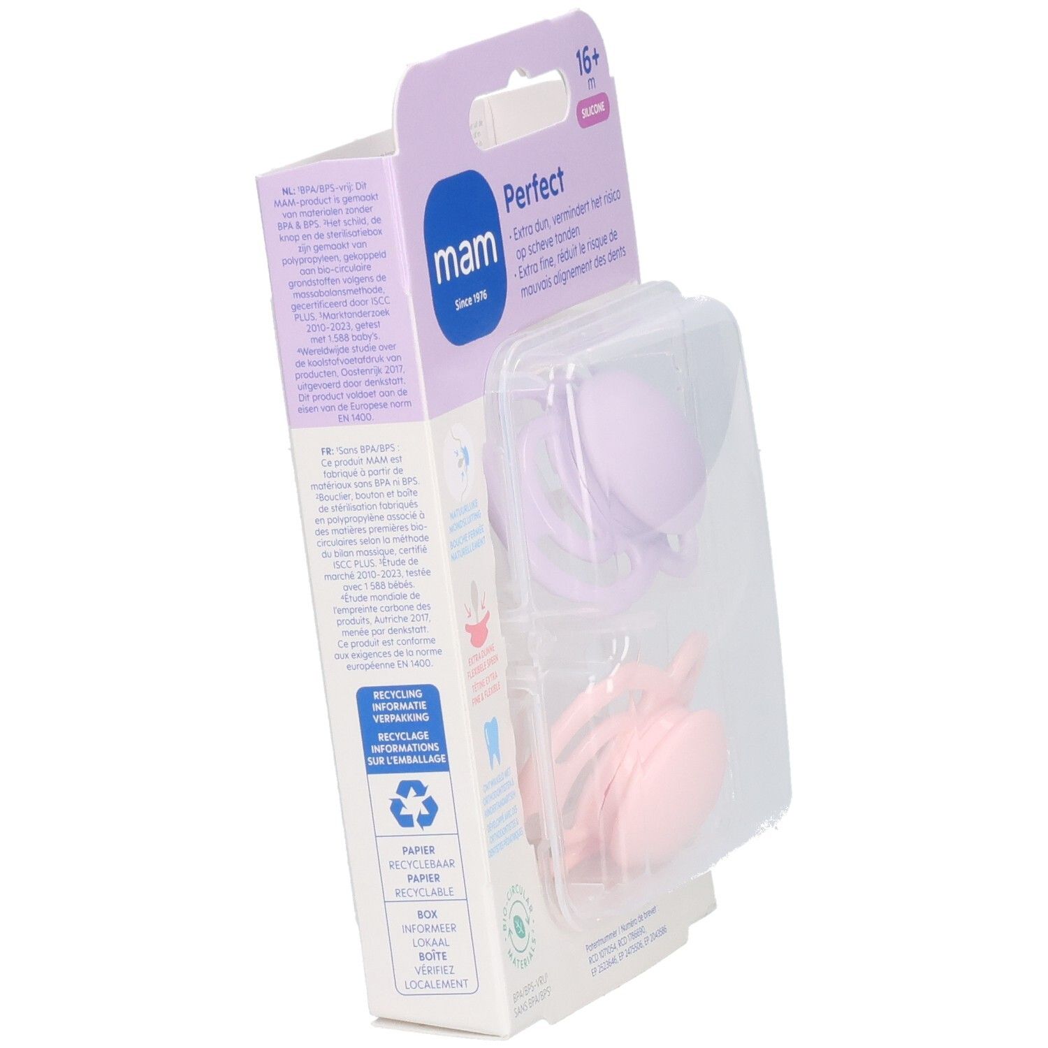 Emballage de sucettes MAM Perfect. Informations produit au dos. Tétines en silicone.