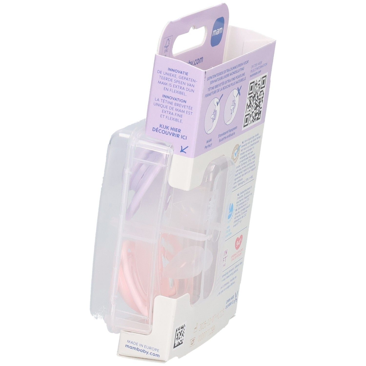Emballage de sucettes MAM Perfect. Sucettes lilas et rose visibles.