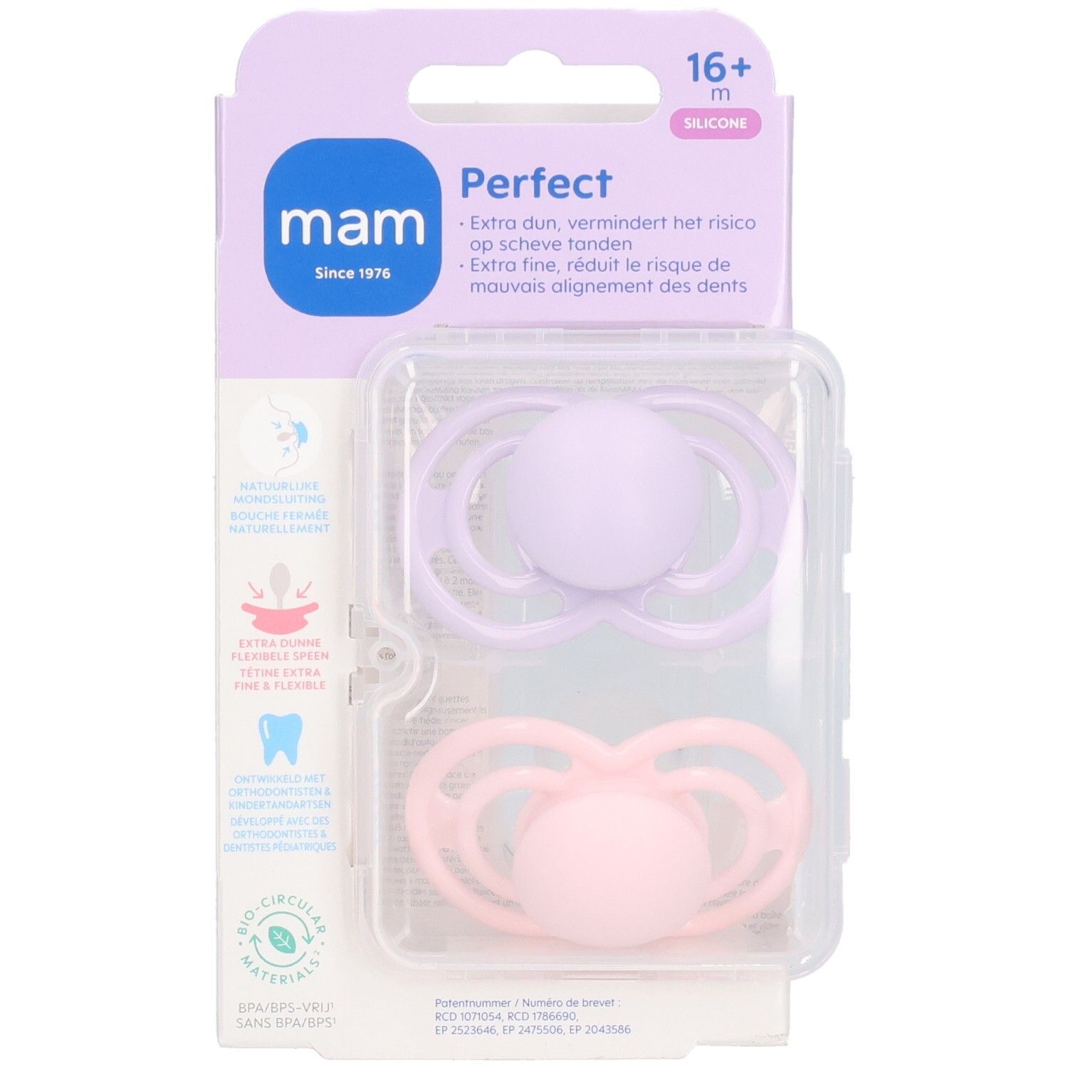 Emballage de deux sucettes MAM Perfect. Tétines en silicone lilas et rose, pour +16 mois.
