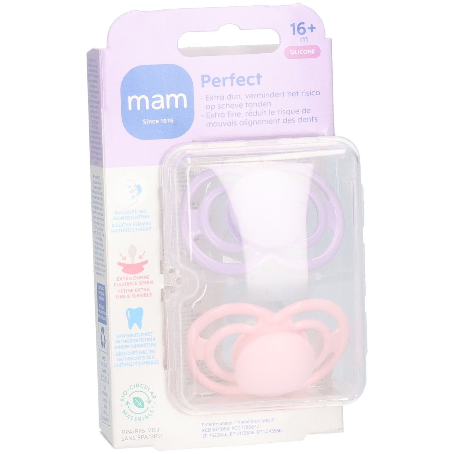Emballage de deux sucettes MAM Perfect. Tétines en silicone lilas et rose, pour +16 mois.