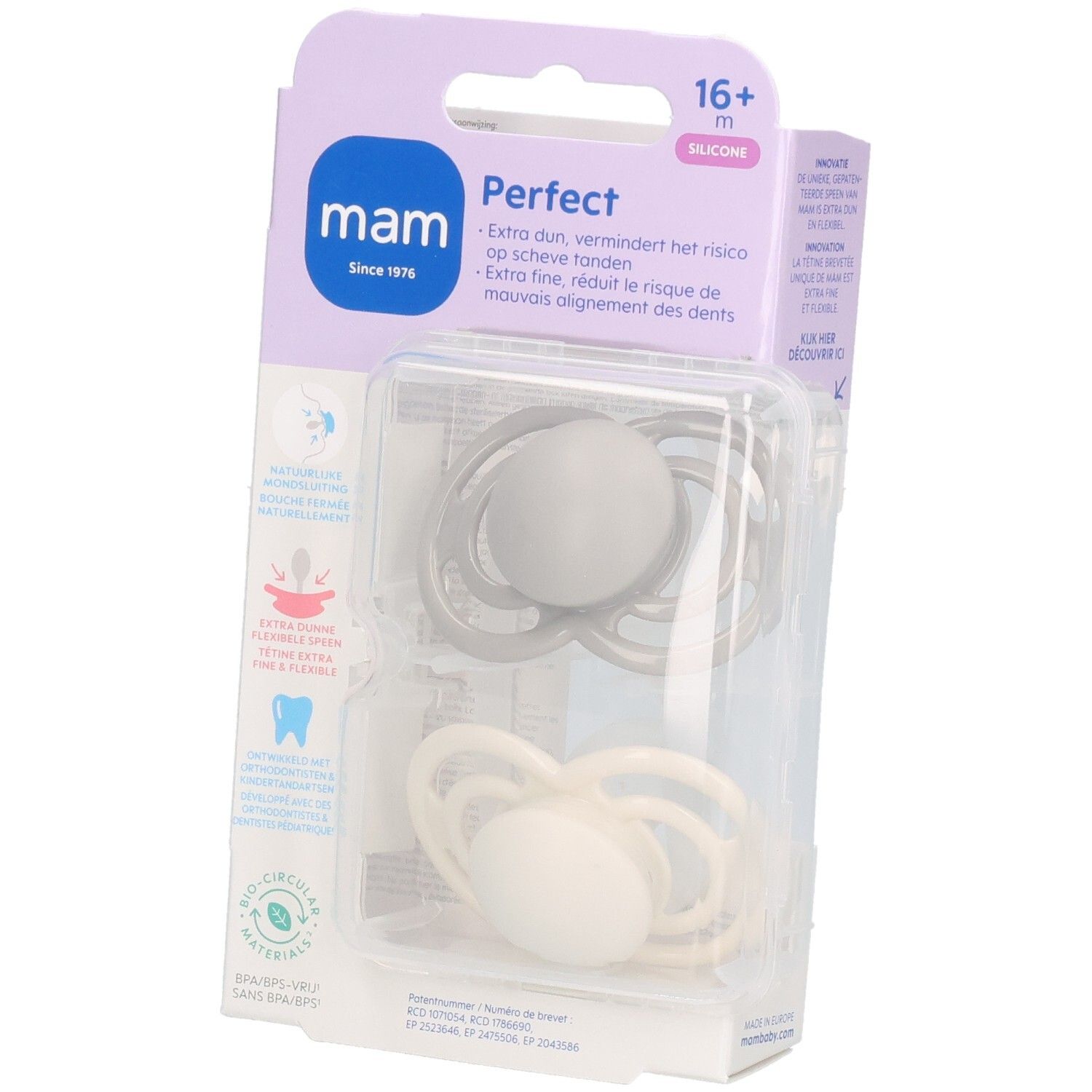Deux sucettes MAM Perfect en silicone, emballées. Grises et crème. Recommandé pour les 16+ mois. Emballage avec informations produit.