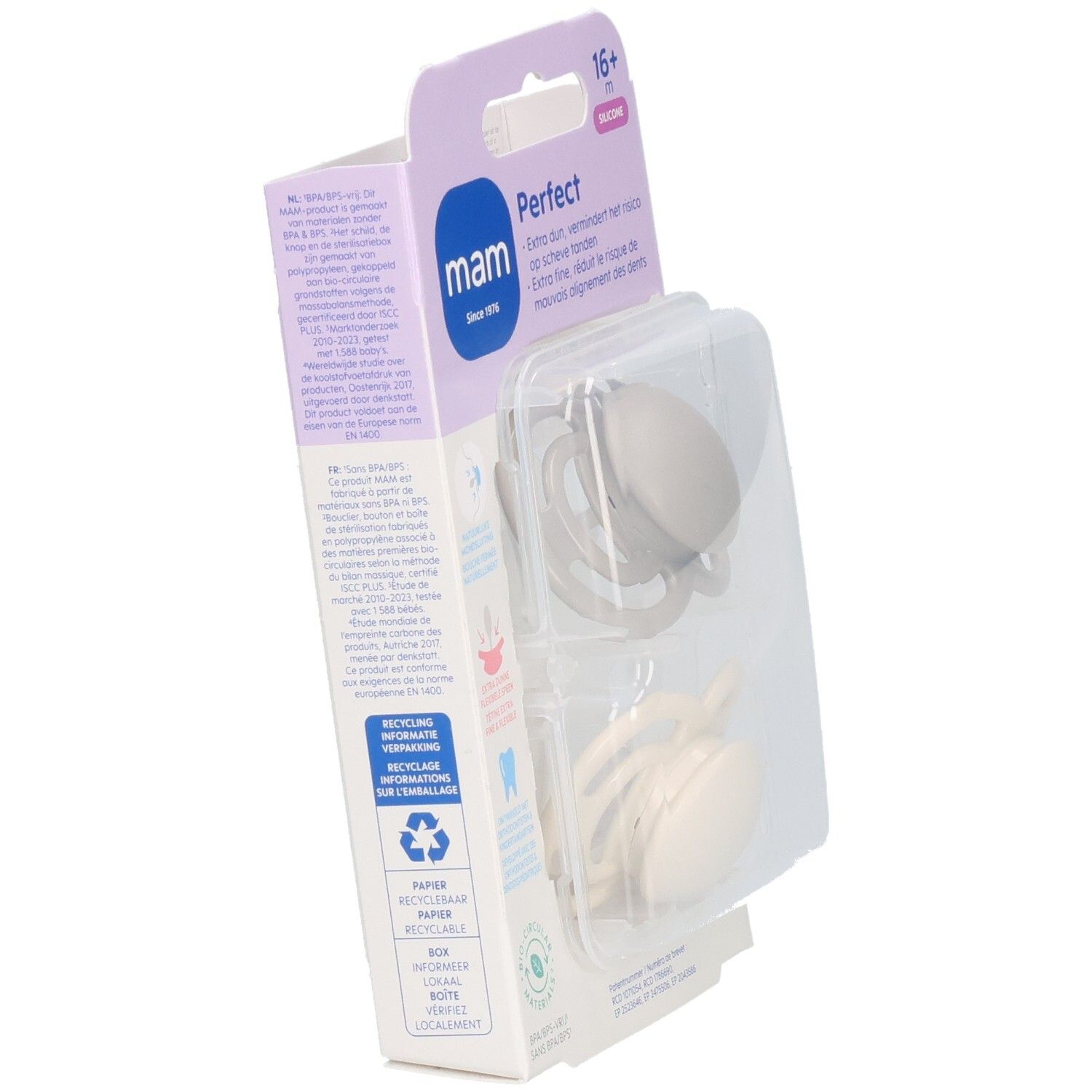 Emballage de deux sucettes MAM Perfect partiellement ouvert. Informations produit au dos.