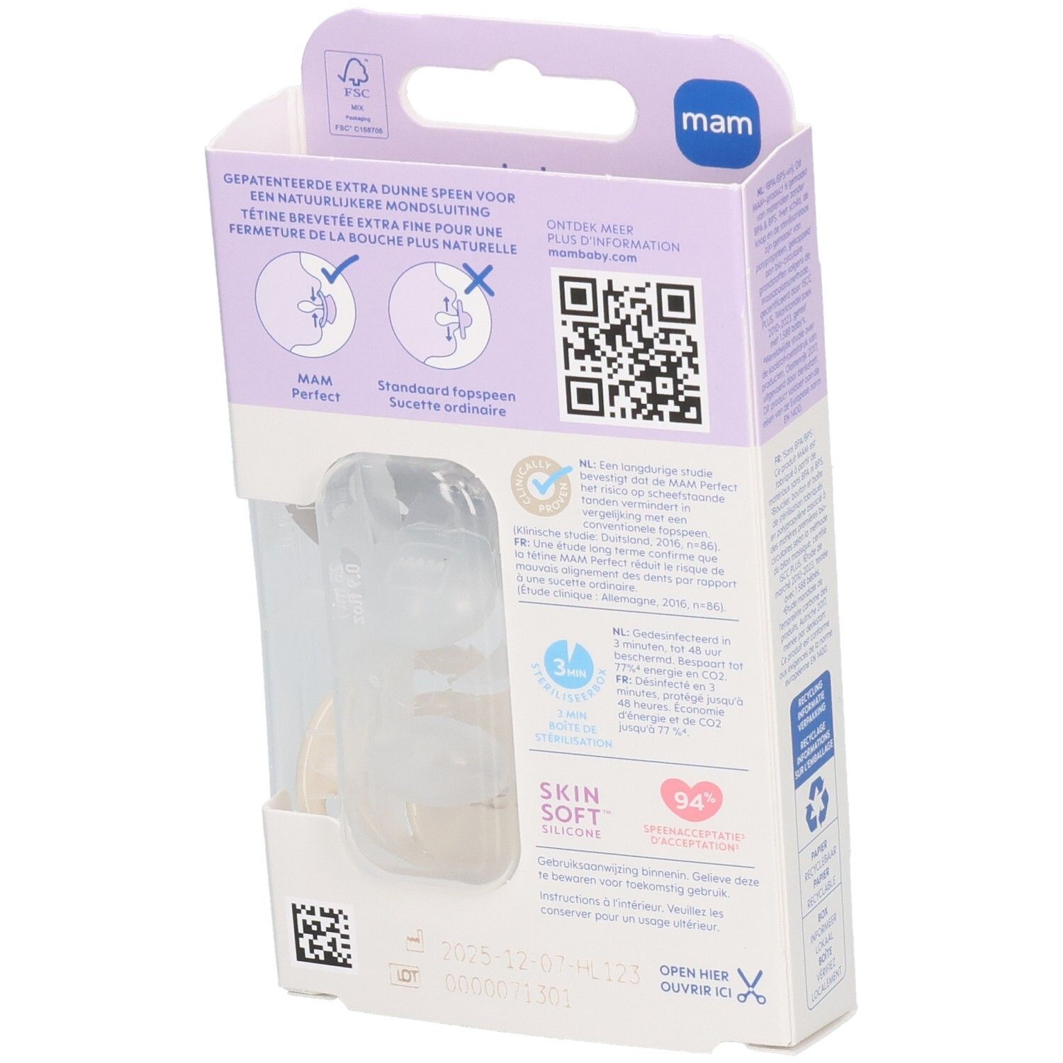 Dos de l'emballage avec informations produit. Sucettes MAM Perfect. Code QR et texte multilingue.