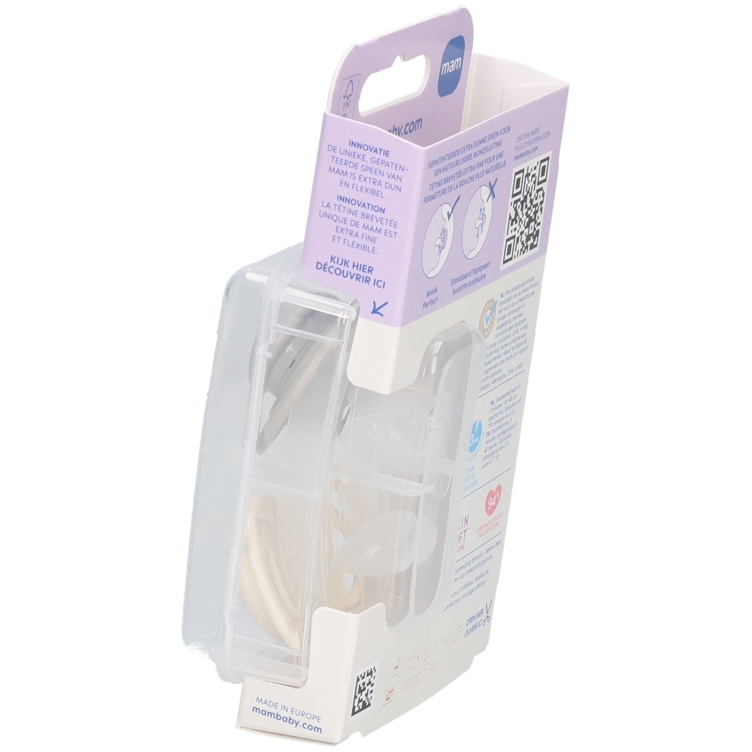 Emballage de deux sucettes MAM Perfect partiellement ouvert. Informations produit au dos.
