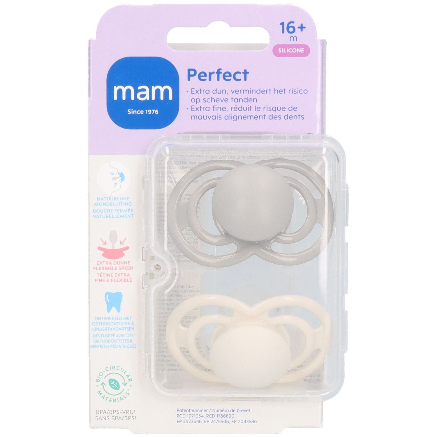 Deux sucettes MAM Perfect en silicone, emballées. Grises et crème. Recommandé pour les 16+ mois. Emballage avec informations produit.