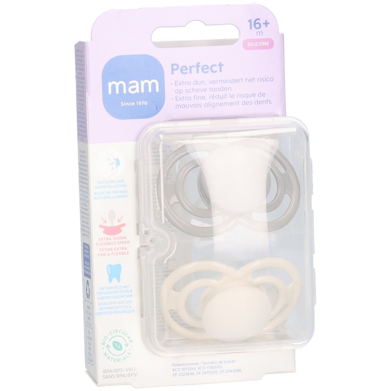 Deux sucettes MAM Perfect en silicone, emballées. Grises et crème. Recommandé pour les 16+ mois. Emballage avec informations produit.