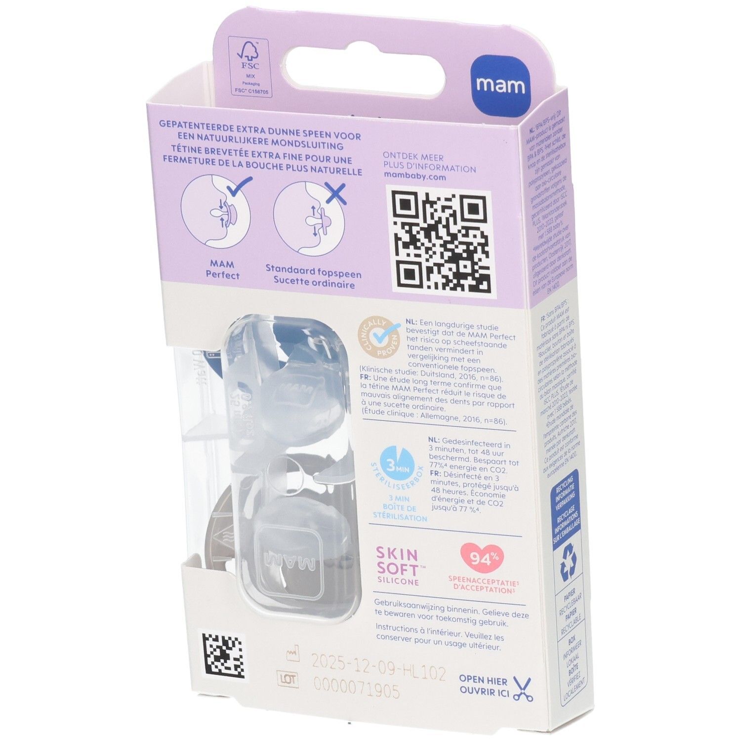 Dos de l'emballage avec deux sucettes. Informations MAM Perfect, 6-16 mois. Code QR, symboles de recyclage.