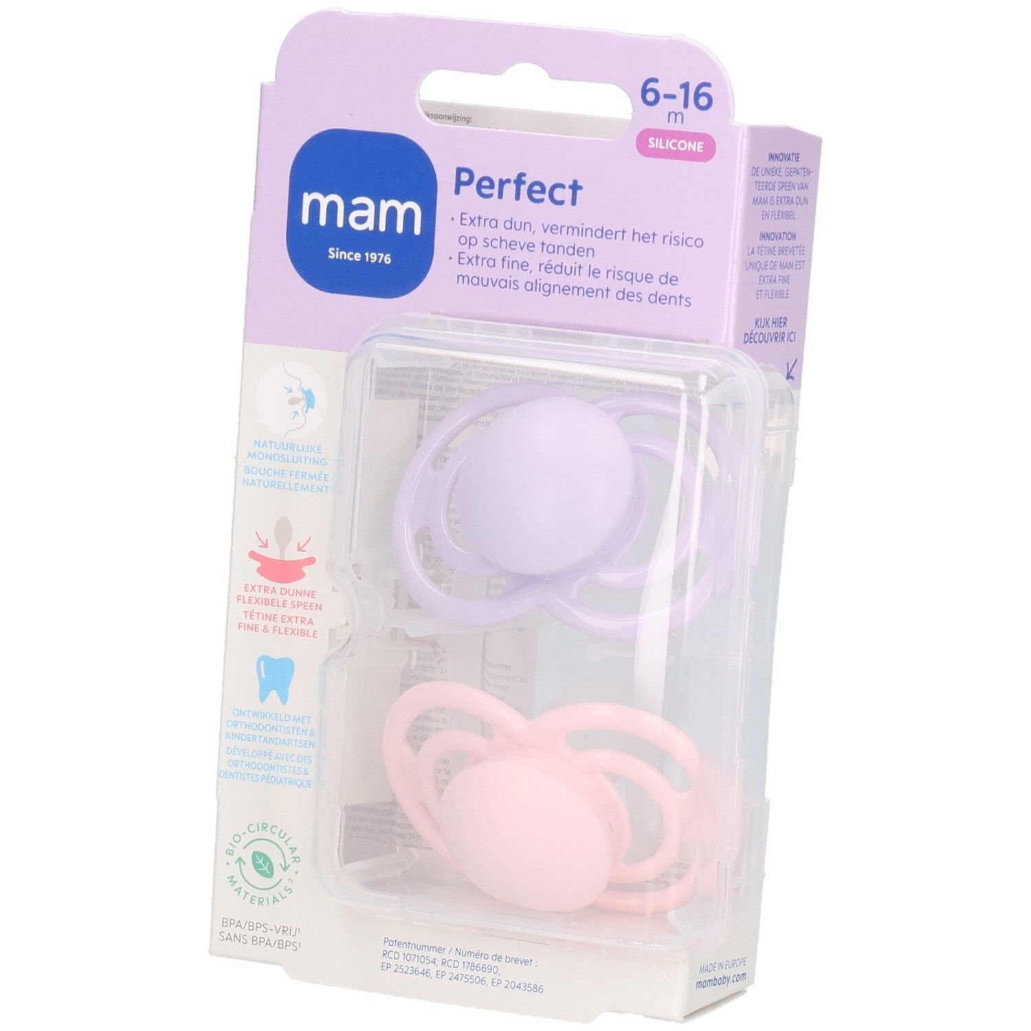 Emballage de deux sucettes MAM Perfect. Couleurs rose et lilas. Âge: 6-16 mois. Caractéristiques visibles: silicone, emballage.