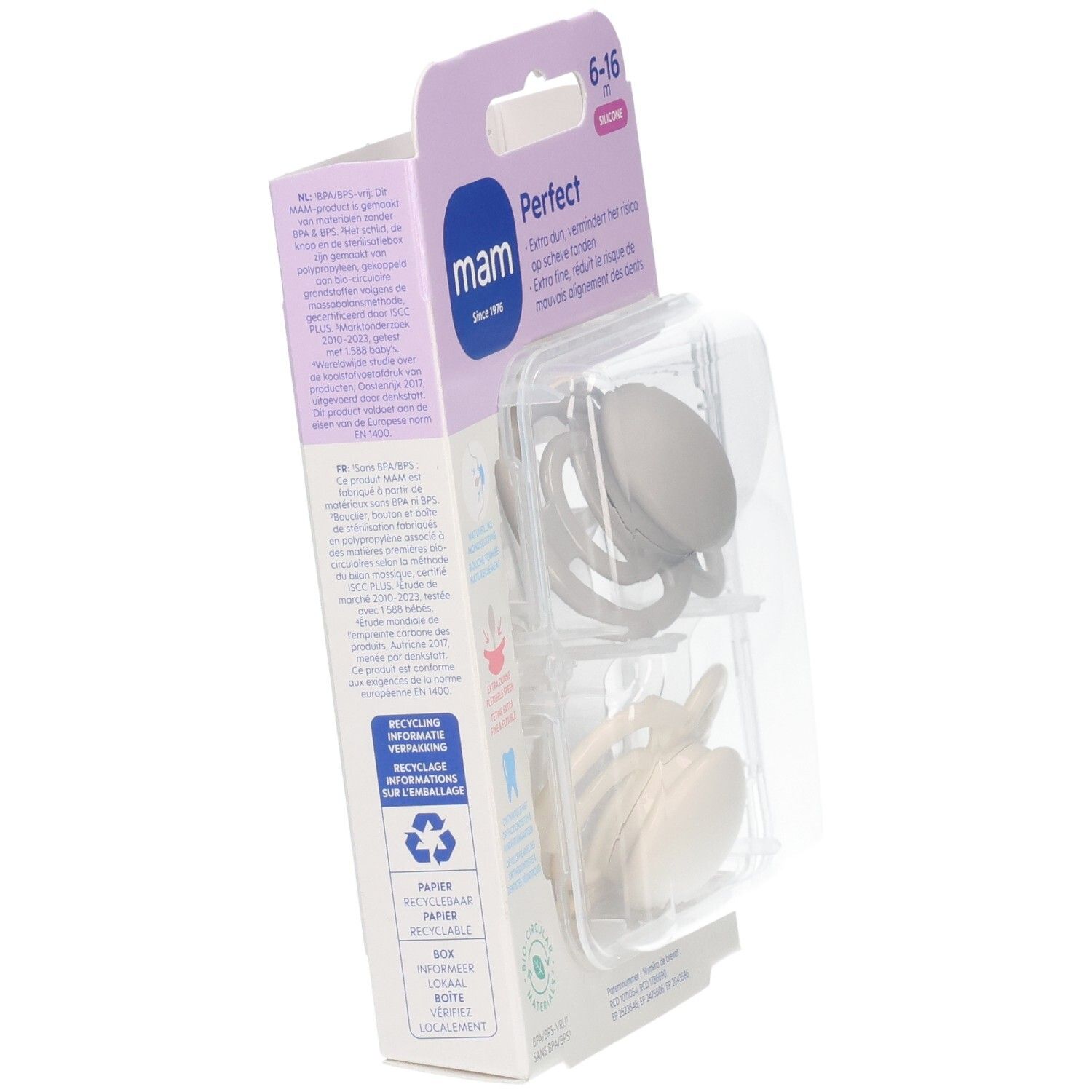 Emballage de deux sucettes MAM Perfect en silicone, gris et crème, 6-16 mois.