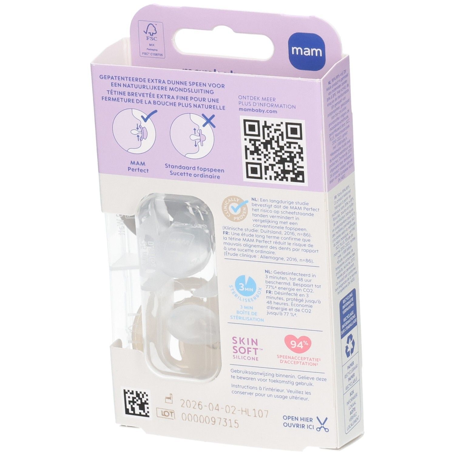 Arrière de l'emballage des sucettes MAM Perfect, avec informations et code QR.