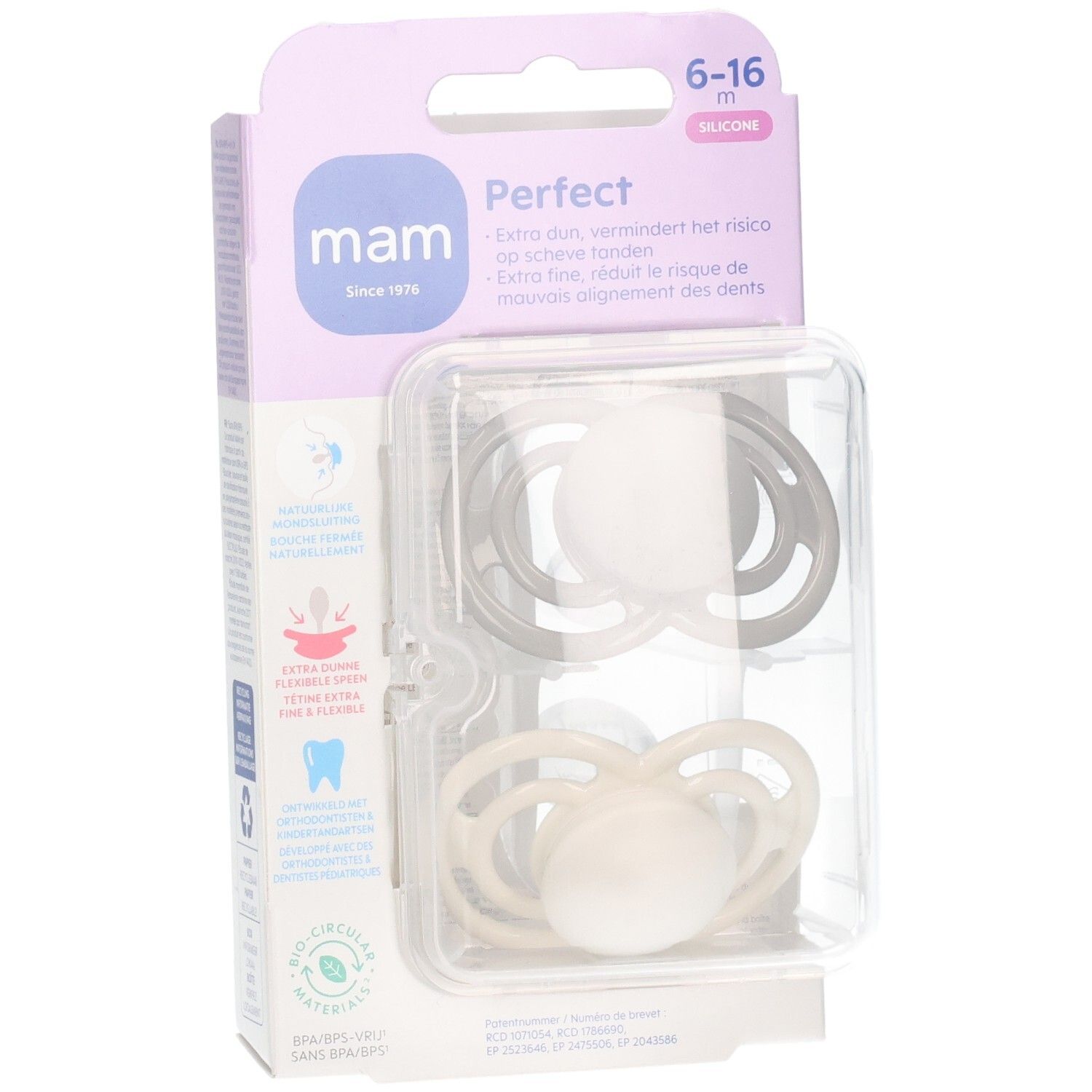 Deux sucettes MAM Perfect en silicone, gris et crème, 6-16 mois, dans leur étui transparent.